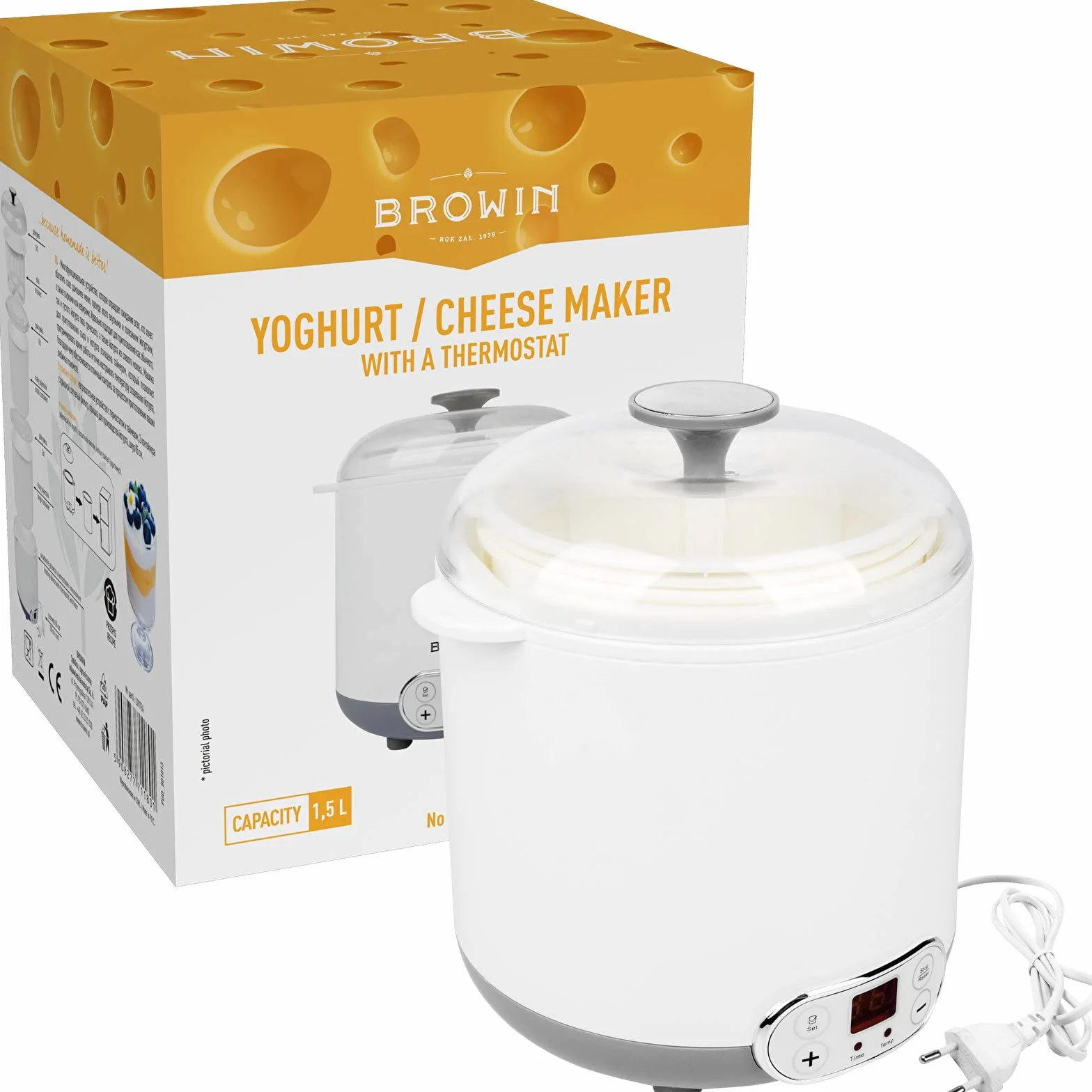 Browin 801013 Domowa Sero-jogurtownica z termostatem 1,5 L do domowych serów, jogurtów i kefirów