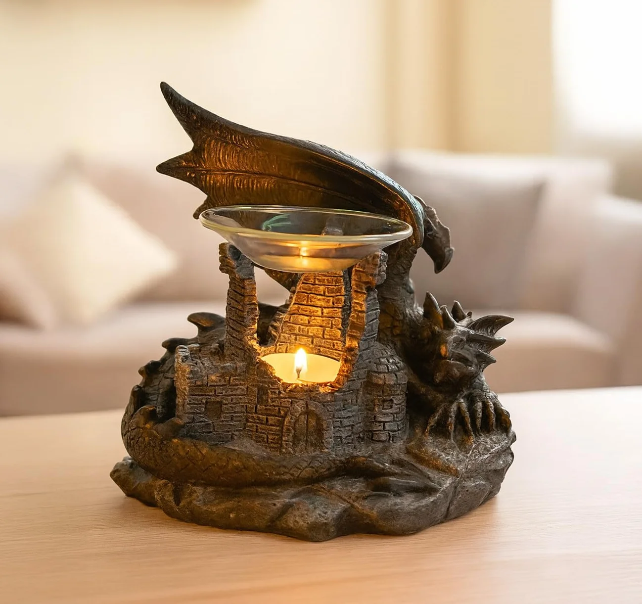 Kremers Schatzkiste Lampa zapachowa smok 22 cm ruiny zamku uchwyt na podgrzewacze do olejków eterycznych wosk zapachowy dekoracja 19 x 22 x 18 cm