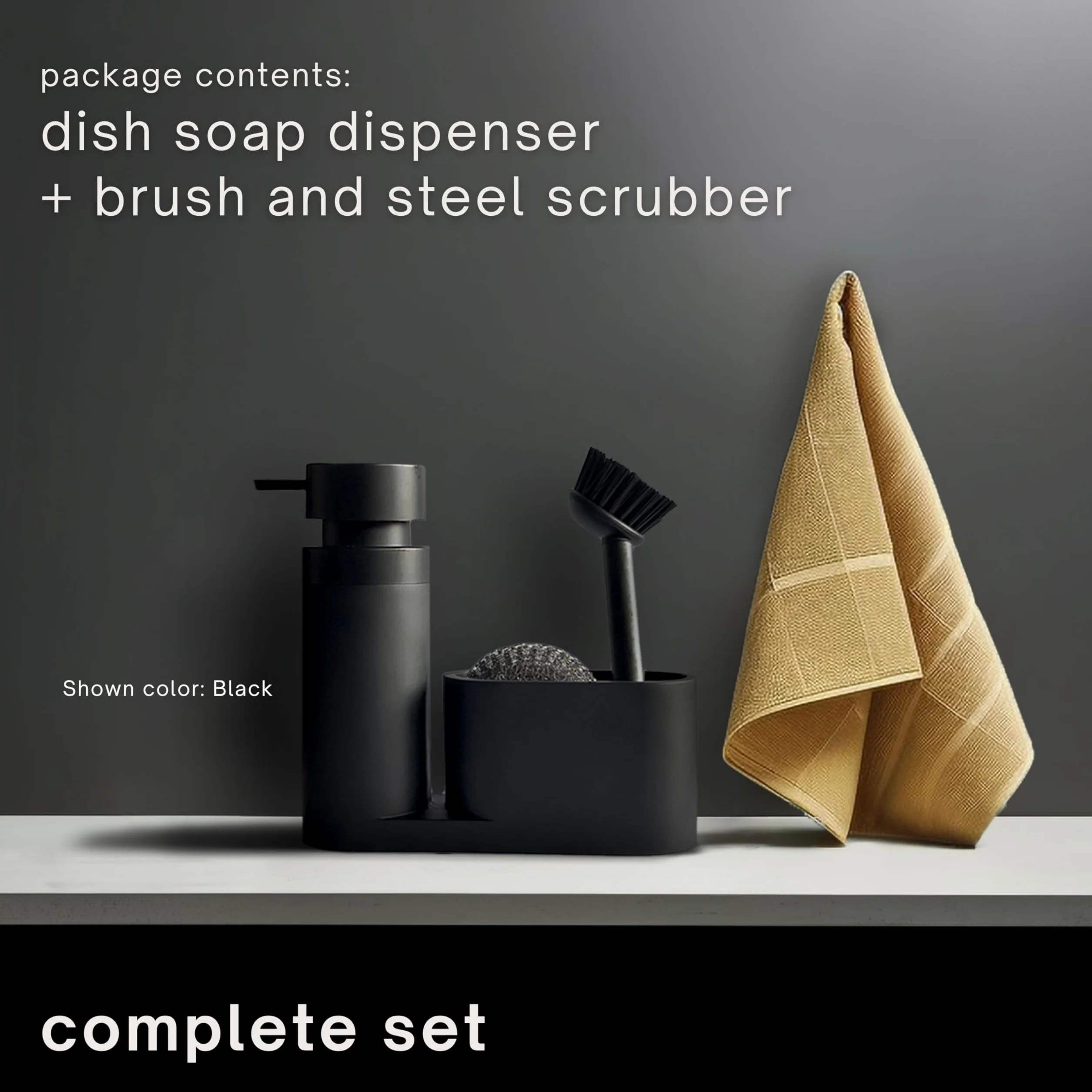 Black Sweden Home Designerski organizer do zlewozmywaka ze sztucznego kamienia ze szczotką i stalową gąbką – organizer kuchenny zestaw do zlewozmywaka czarny matowy – dozownik płynu do mycia naczyń