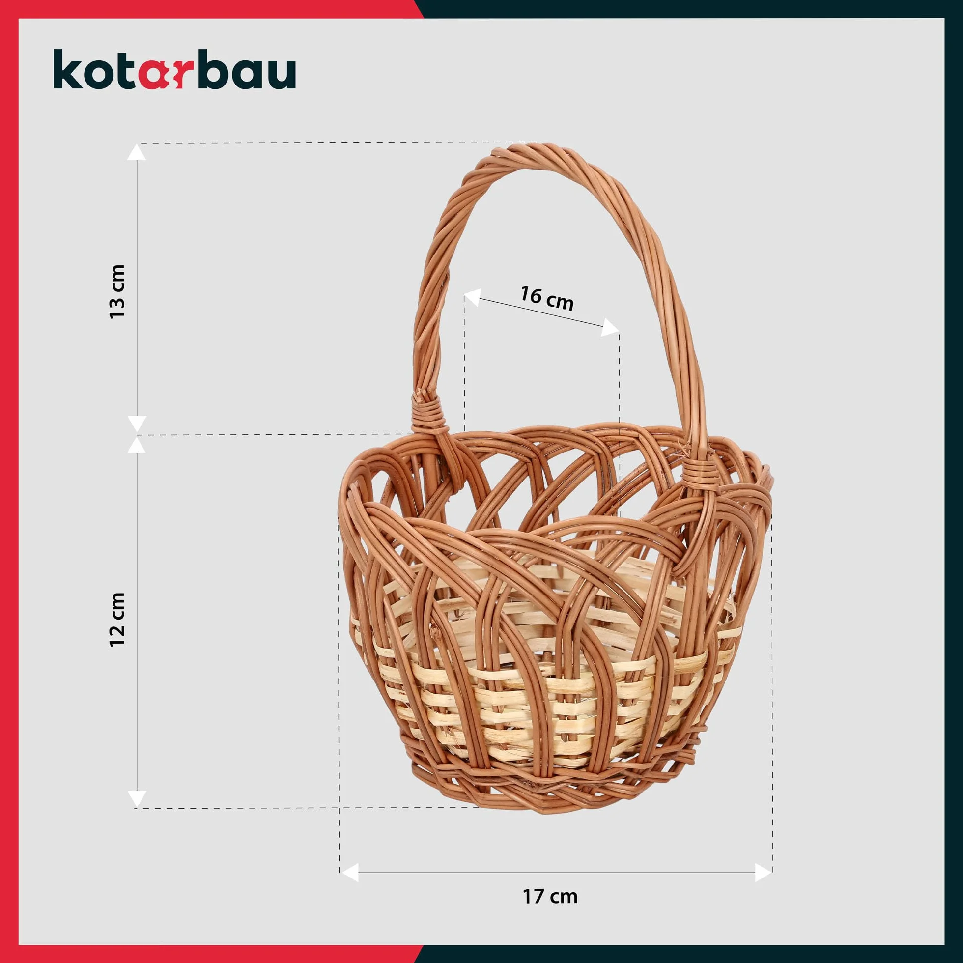 KOTARBAU® Koszyk Wiklinowy dla Dzieci - 25 X 17 CM - Koszyczek Wielkanocny Dziecięcy - Brązowy z Białą Aplikacją