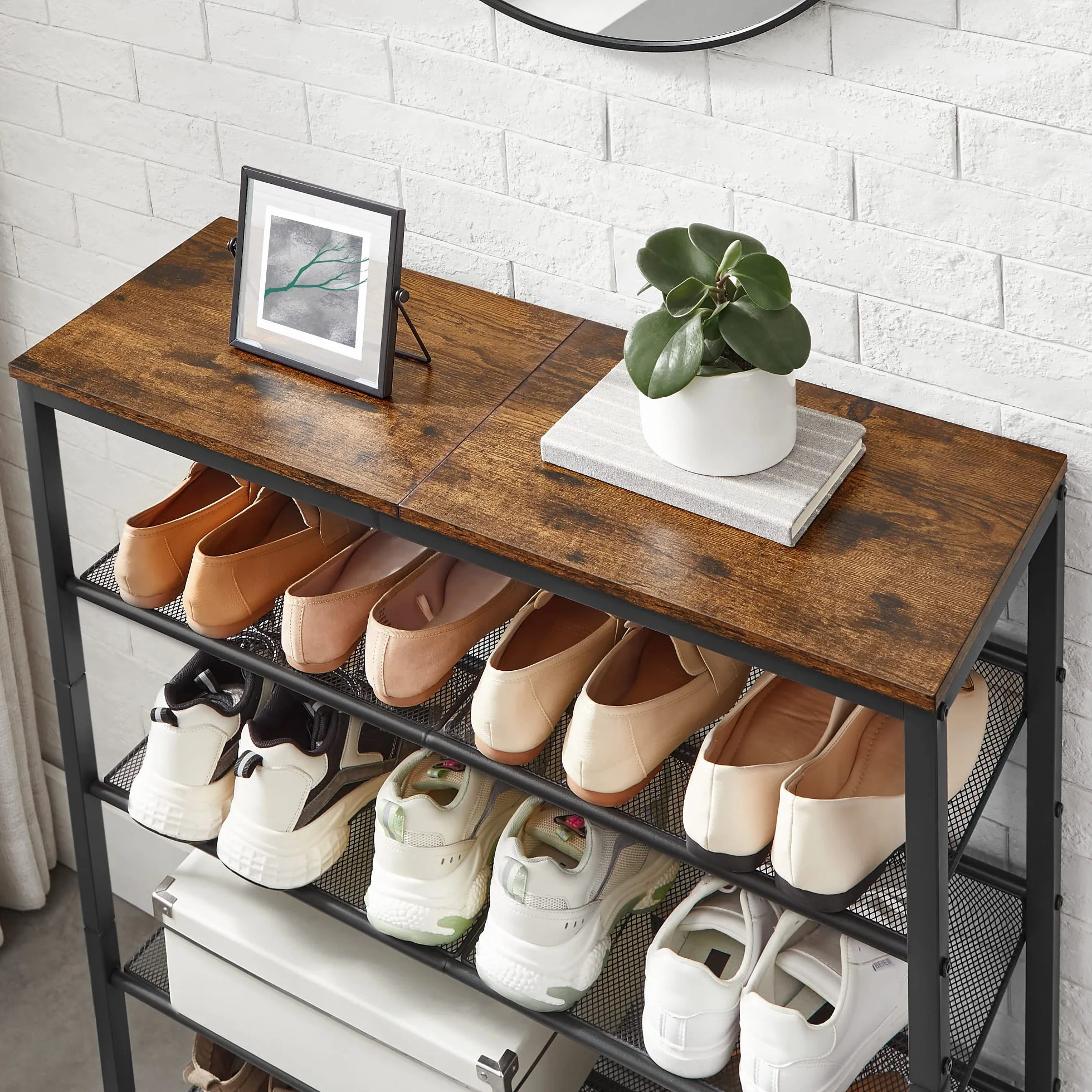VASAGLE 5-warstwowy regał na buty, wysoki organizer na buty z 4 półkami z siatki i dużą górną częścią do toreb, oszczędność miejsca, do przedpokoju, stali, przemysłu, rustykalny brązowy i czarny