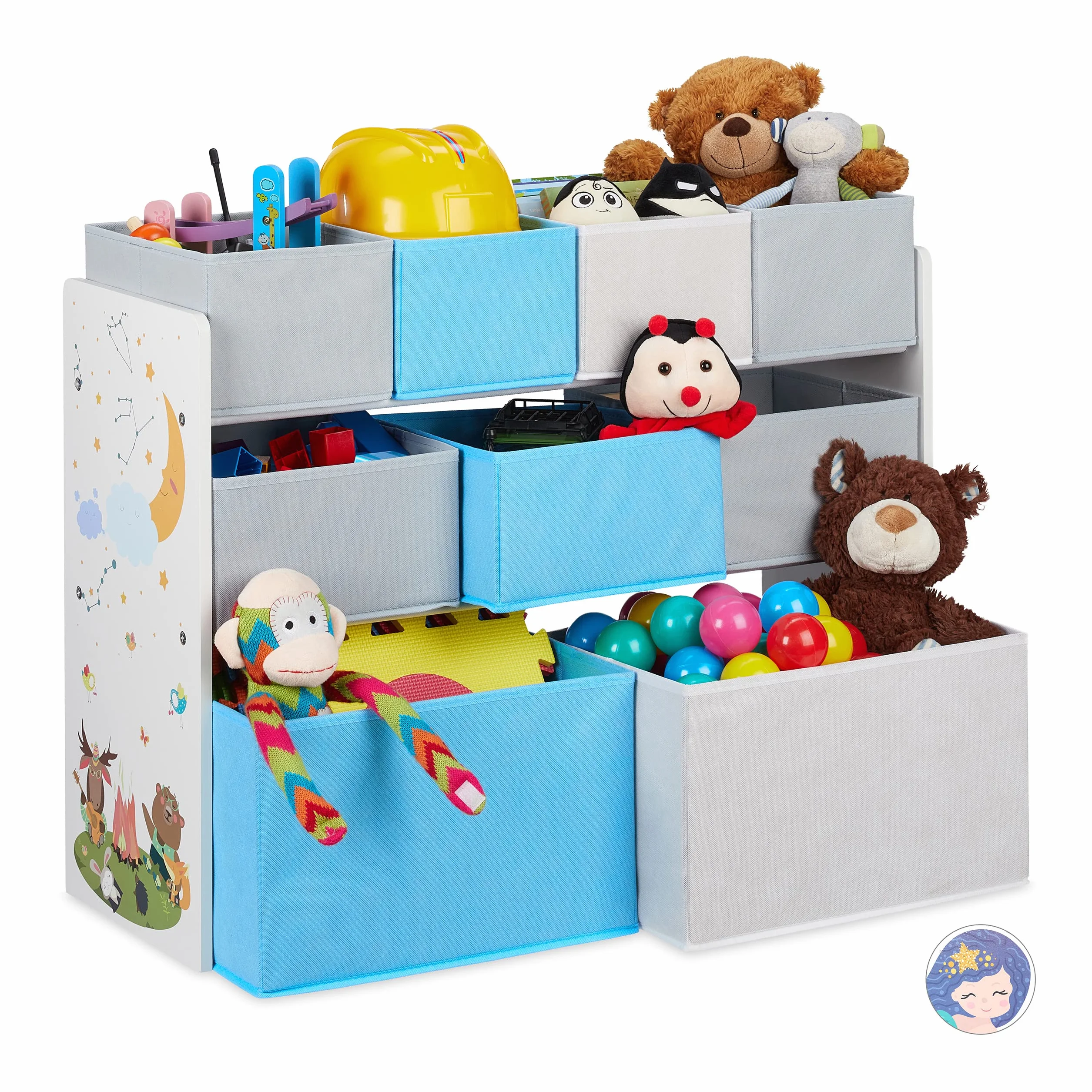 Relaxdays Regał dziecięcy z 9 pudełkami z materiału, ognisko z motywem dziecięcym, regał na zabawki, organizer wys. x szer. x gł.: 66 x 82,5 x 29,5 cm, kolorowy