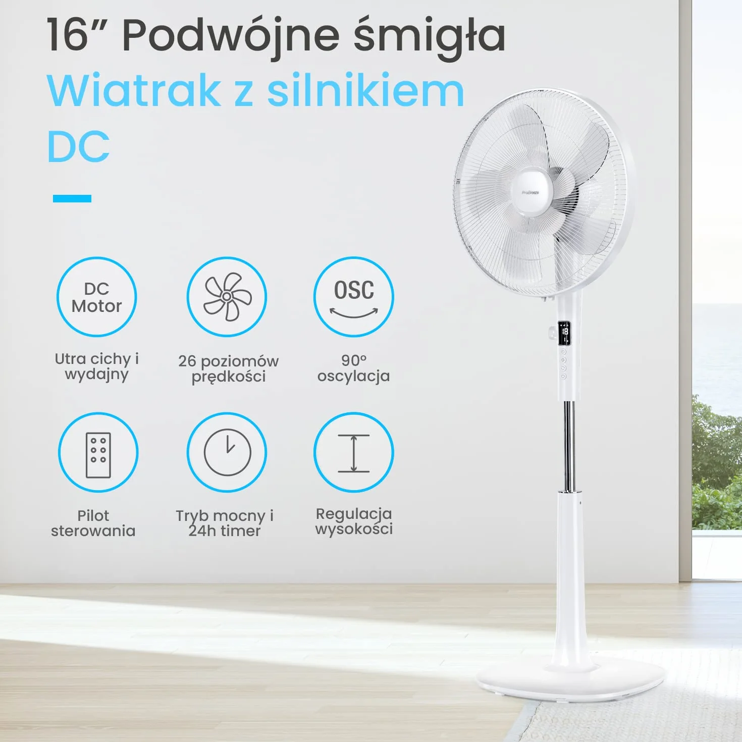 Pro Breeze Wiatrak Stojący Oscylujący 28W, Duży Pionowy Cichy Wentylator Podłogowy z Silnikiem DC, 40cm, 26 Prędkości, Biały