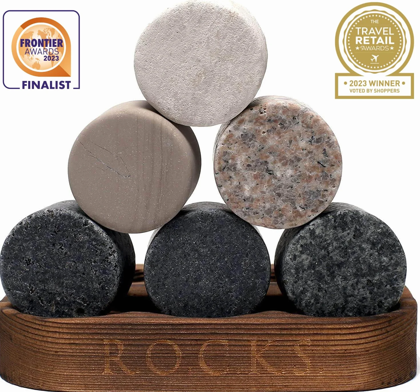 Kamienie do whisky zestaw 6 okrągłych naturalny granit stojak drewno R.O.C.K.S.