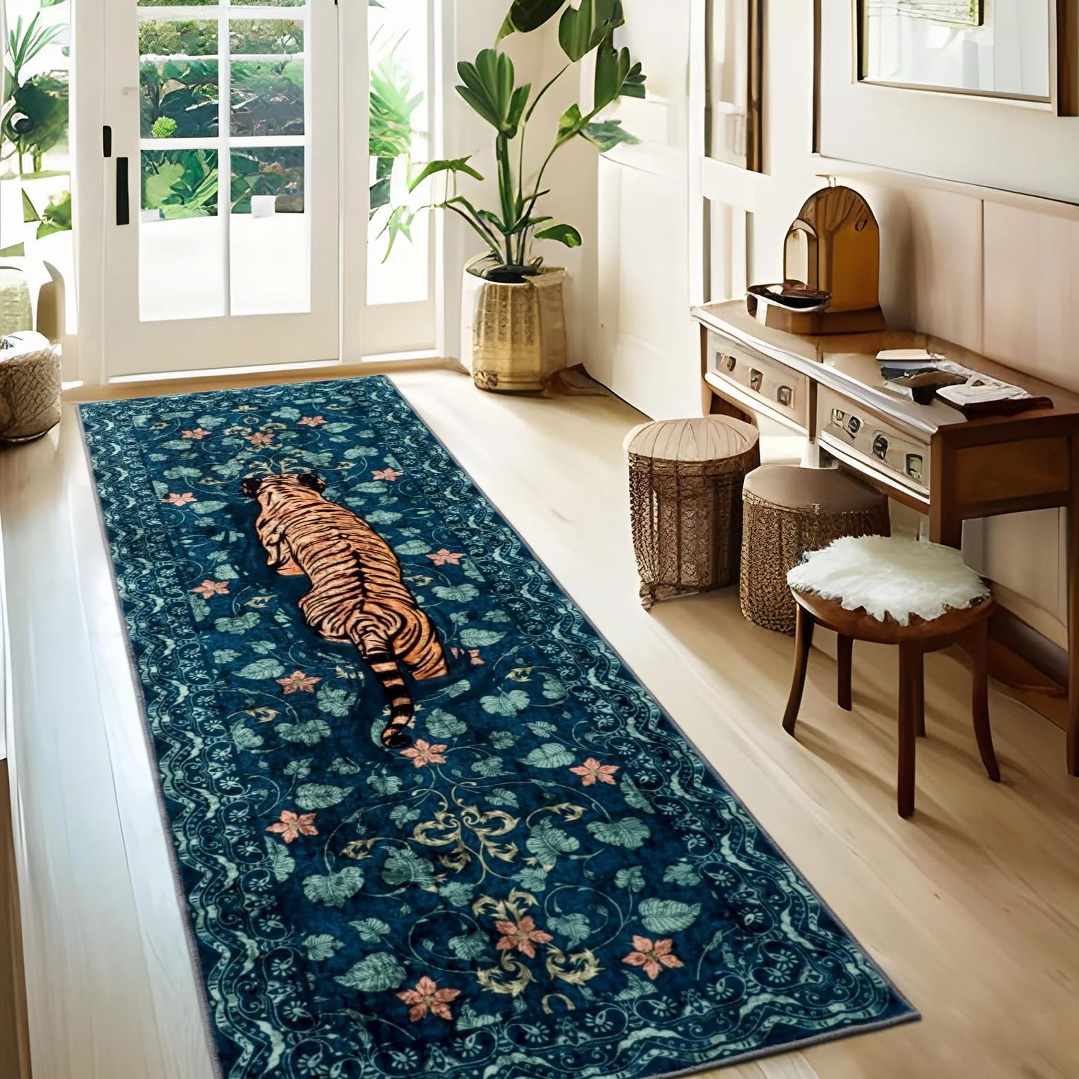 Zmywalny chodnik kuchenny, 60 x 180 cm, zielony dywan do przedpokoju z antypoślizgowym spodem, miękki koc do sypialni w stylu boho, tygrys do łazienki, wejściowy