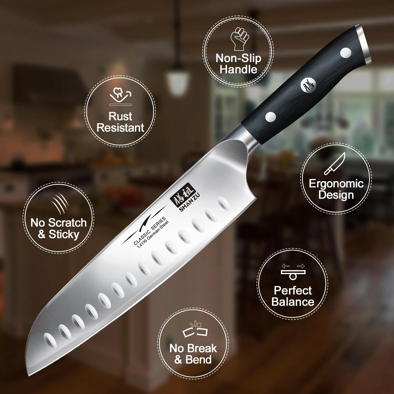Nóż szefa kuchni Nóż kuchenny, Nóż szefa kuchni SHAN ZU Santoku Niemiecka stal nierdzewna Ostre ostrze noża 18cm Ergonomiczny uchwyt Pudełko na prezent