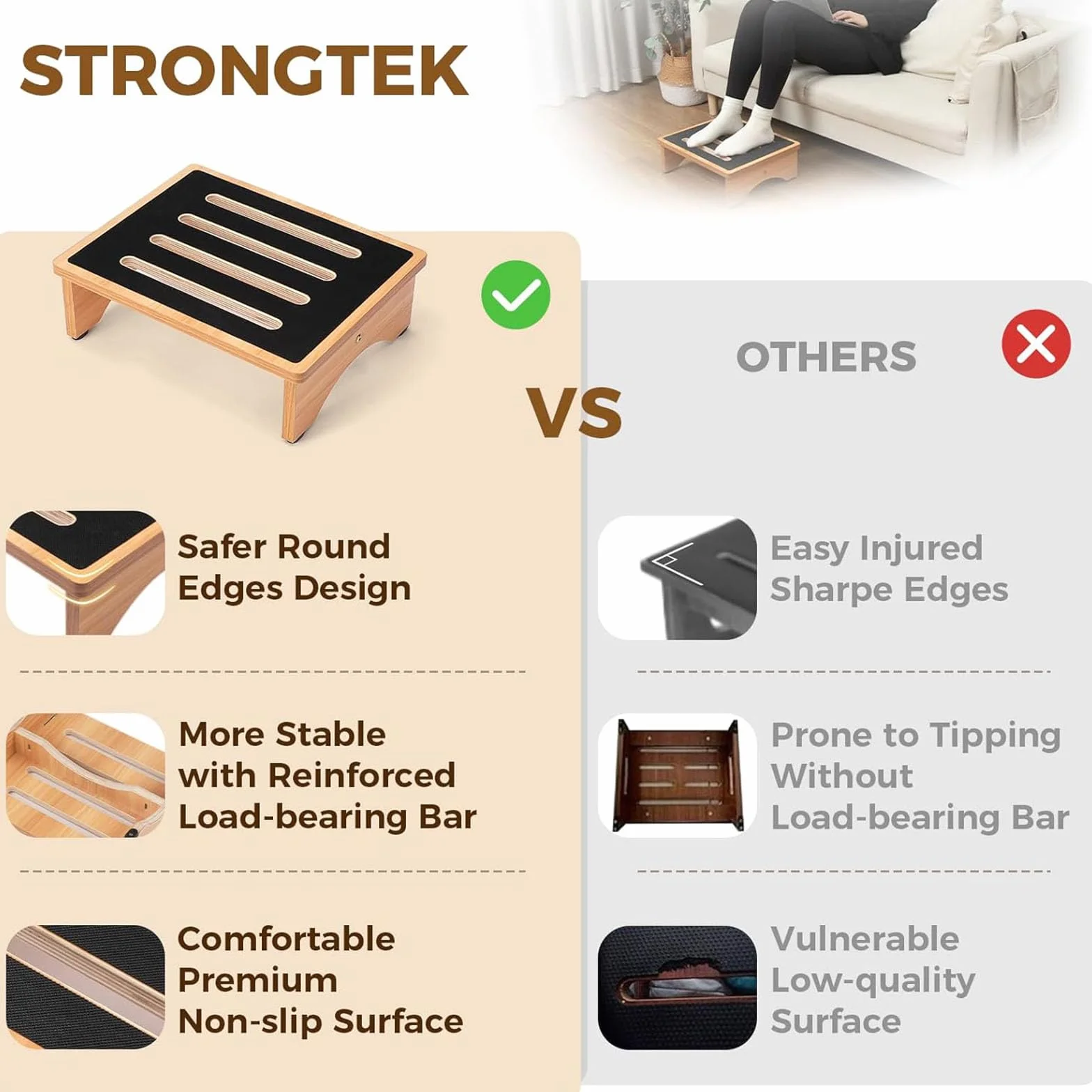 StrongTek Drewniany stołek do łóżka 12,5 cm dla dorosłych, stabilne schody do łóżka i prysznica, nośność 200 kg, wszechstronna pomoc w poruszaniu się dla seniorów, do użytku w kuchni, przenośna