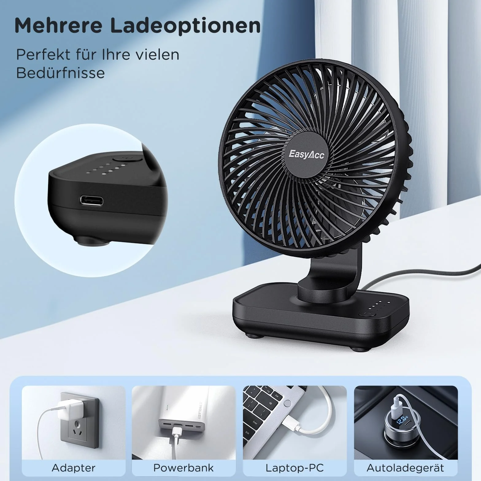 EasyAcc Wentylator stołowy Bateria Wentylator USB 4000 Bateria Małe przenośne 4-biegowe wentylatory Cichy mini akumulatorowy wentylator bazowy do domowego biura Biblioteka Kemping