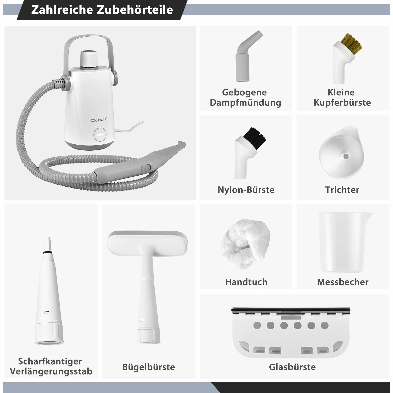COSTWAY Ręczna myjka parowa | 1000 W i pojemność wody 300 ml i 10 zestawów akcesoriów | Steamshot myjka parowa do wszystkiego, dywanów, okien, tapicerki, łazienki