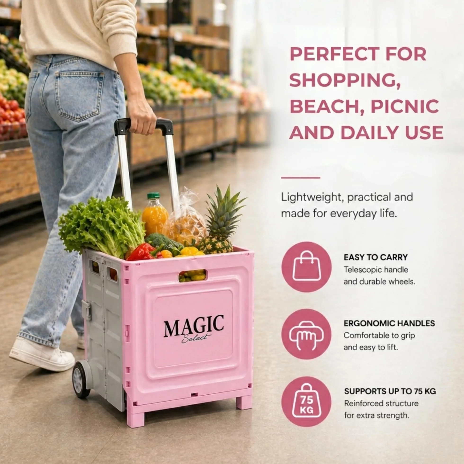 Skrzynka Transportowa na Kółkach z Teleskopową Rączką. Składany Wózek Zakupowy 34 l. Kompaktowy Wózek do Supermarketu, na Camping, Piknik i do Domu.