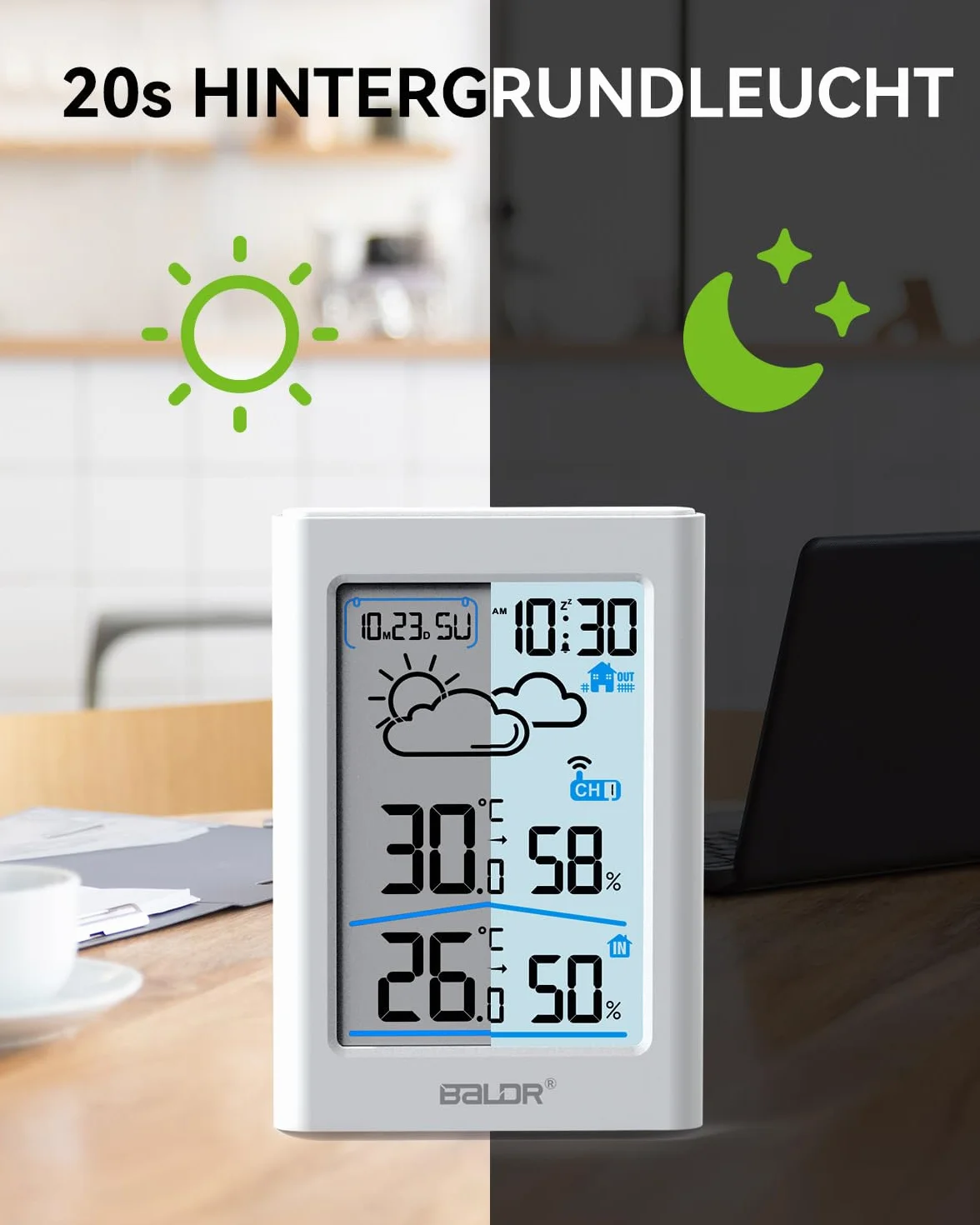 BALDR Radiowa stacja pogodowa z czujnikiem zewnętrznym, cyfrowy zegar radiowy DCF, termometr do użytku wewnątrz i na zewnątrz, wskaźnik temperatury, miernik wilgotności powietrza, radiowy, termometr