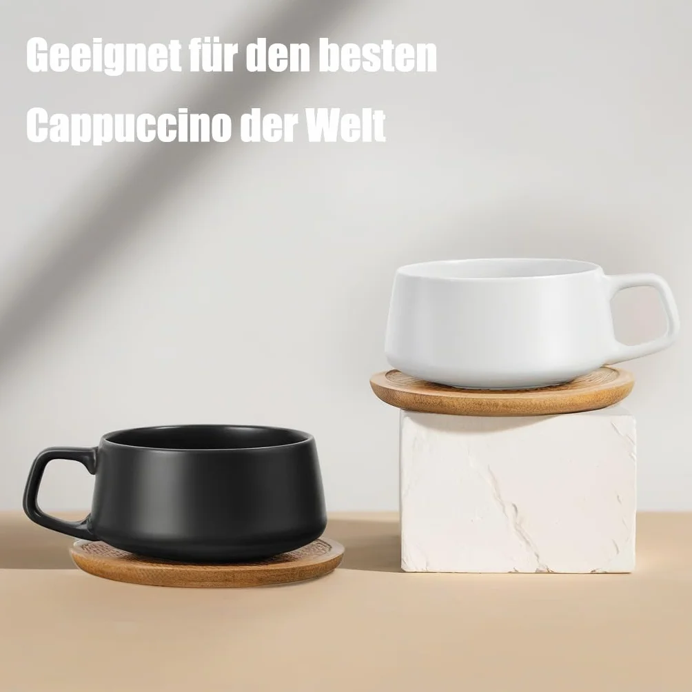 VETIN komplet filiżanek do cappuccino porcelanowych marmurowych 300 ml z drewnianym krążkiem 4 sztuki