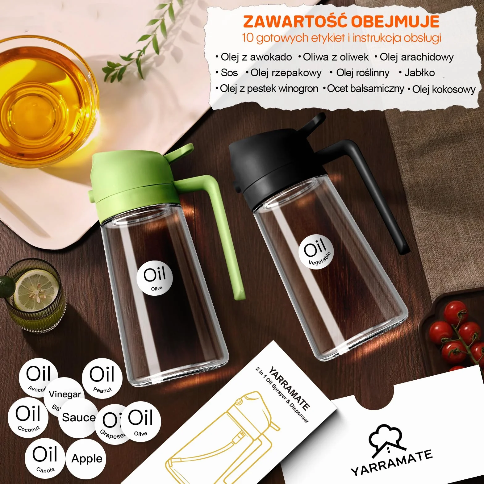 YARRAMATE 2 w 1 rozpylacz oleju jadalnego, butelka z rozpylaczem 470 ml, nadaje się do kontaktu z żywnością, spray na olej do gotowania, wysokiej jakości oleju do kuchni(Zielony)