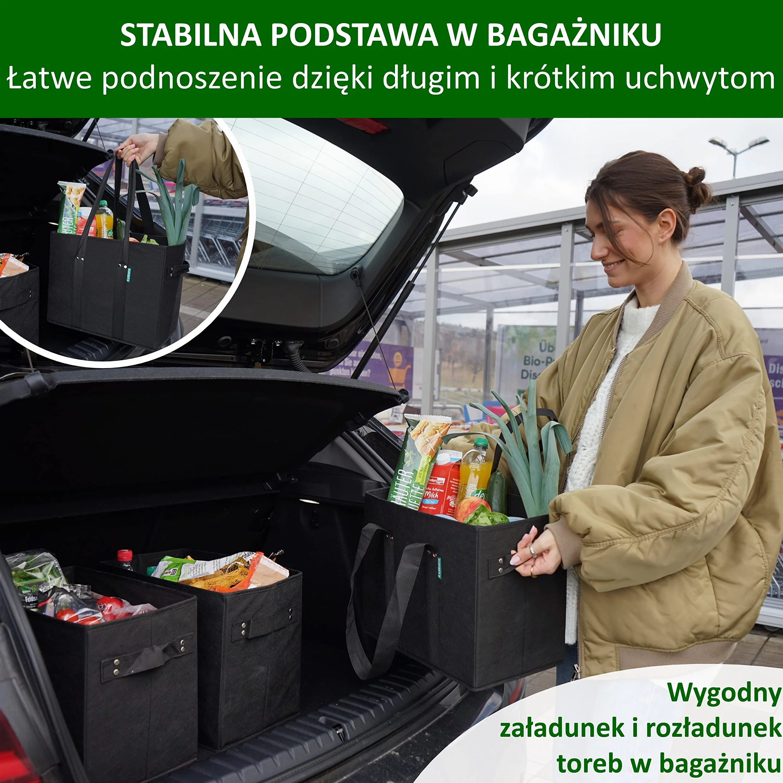 COTTARA Torba na zakupy składana 3 sztuki kosz wielokrotnego użytku 38x23x31 cm szara