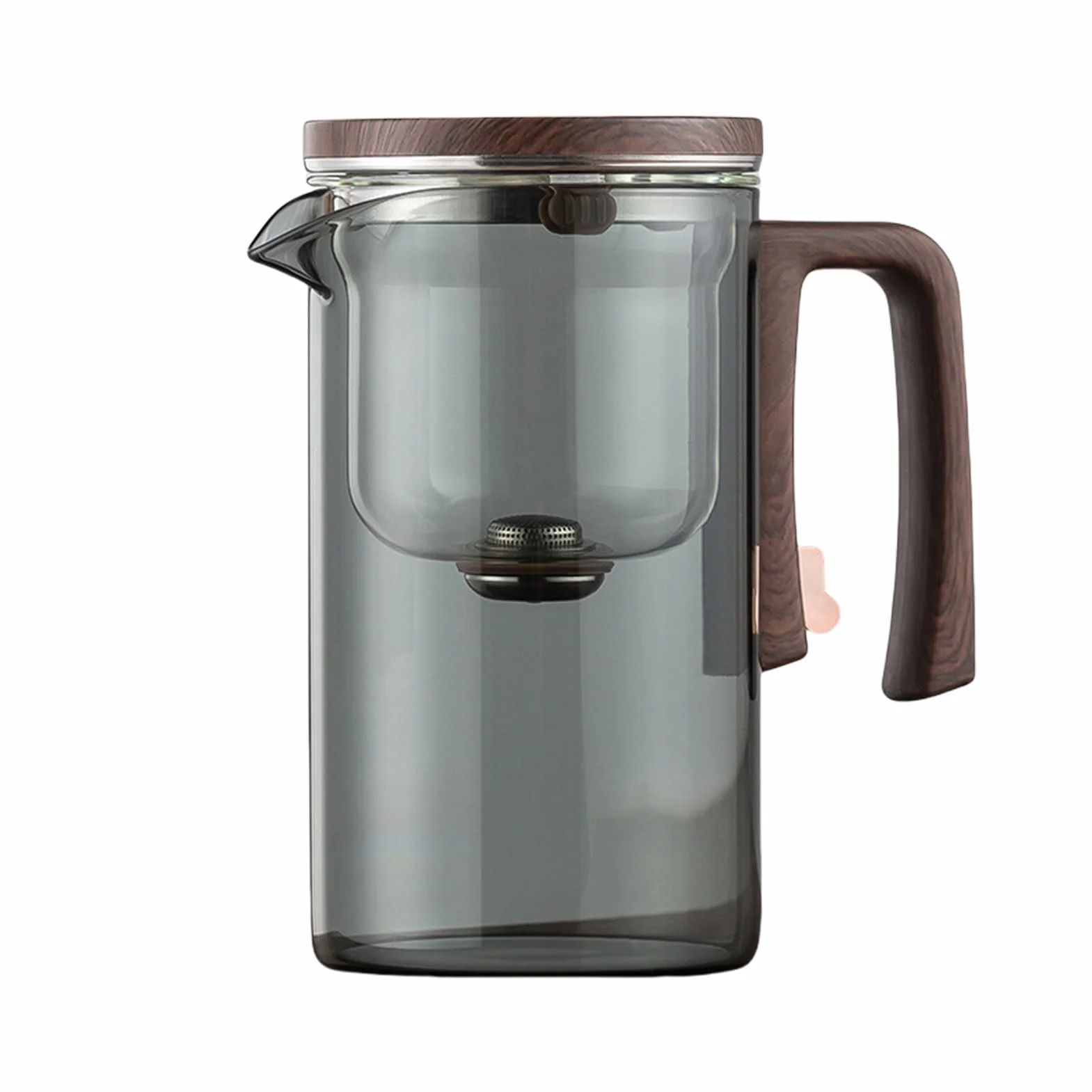 Szklany dzbanek do herbaty z zaparzaczem 700 ml, szkło borokrzemowe, drewniany uchwyt, szary