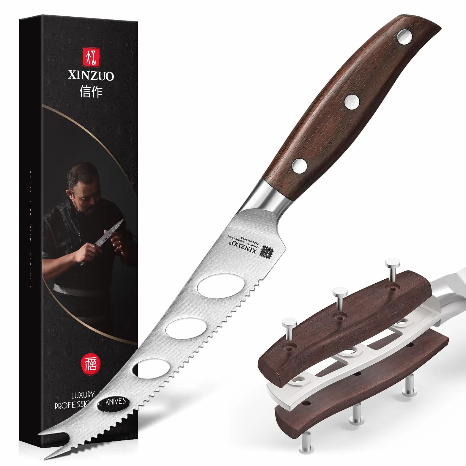 XINZUO 13 cm niemiecki nóż do sera z stali nierdzewnej 1,4116, ząbkowane ostrze i nieprzywierające - do sera, masła, owoców i chleba - Red Sandalwood Full Tang Series