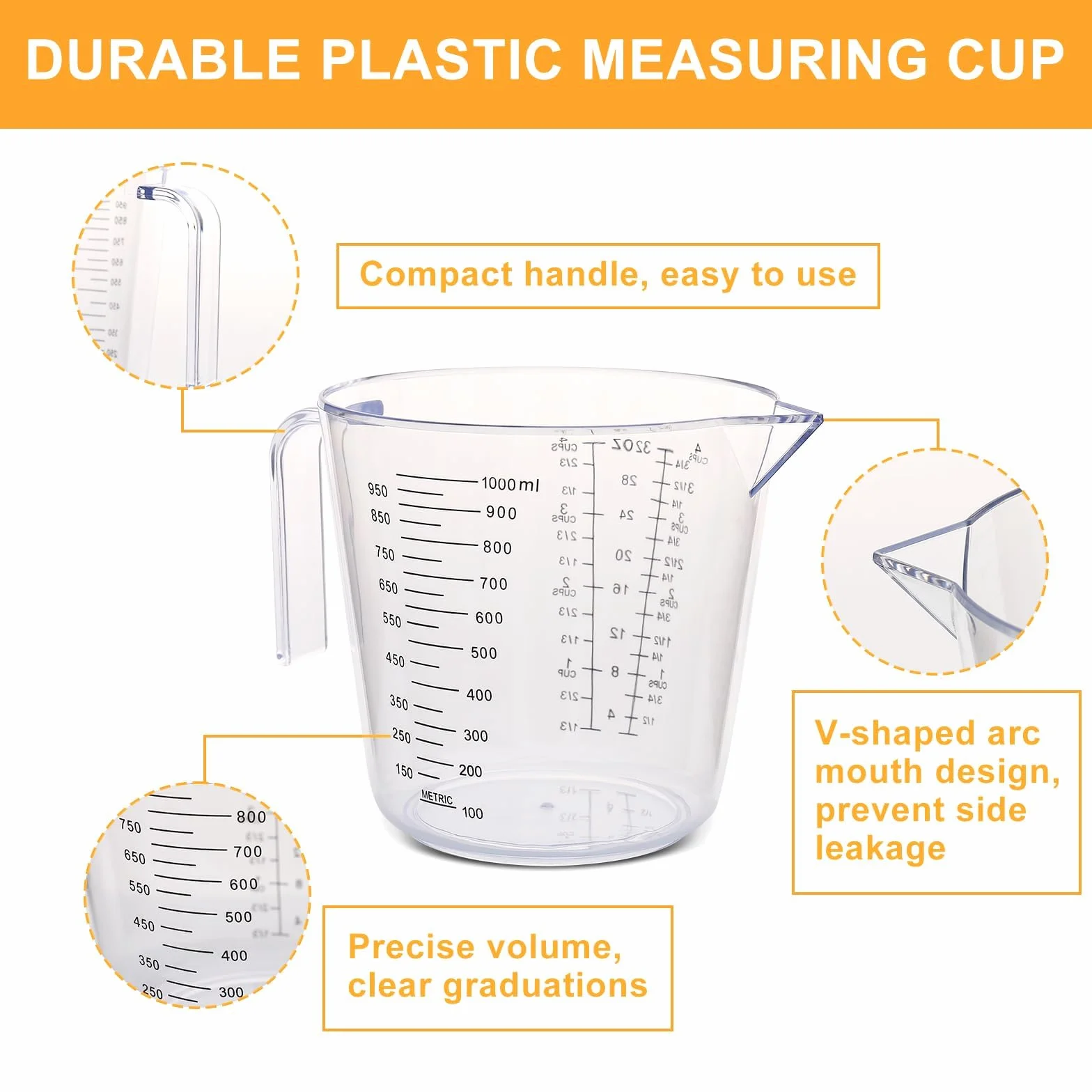Gucass zestaw 4 kubków z miarką 150/300/600/1000 ml przezroczyste bez BPA