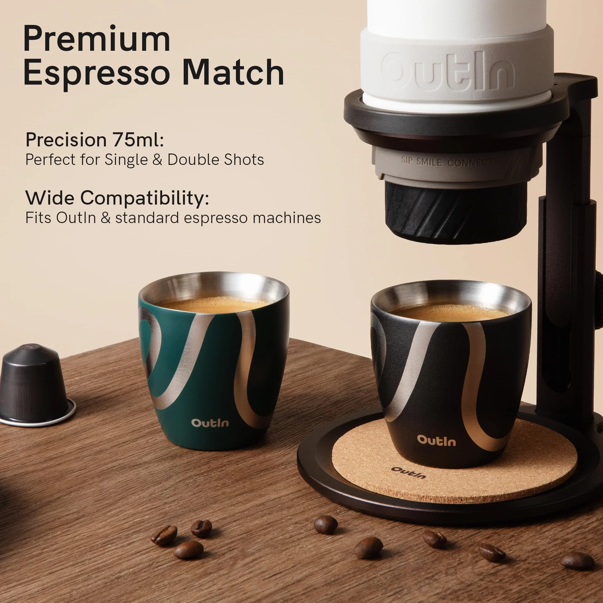 OutIn Zestaw 2 Filiżanek do Espresso, Podwójna Ścianka Izolacyjna 75ml ze Stali Nierdzewnej, Przenośne Kieliszki do Espresso na Kemping, Kompatybilne z Ekspresami OutIn