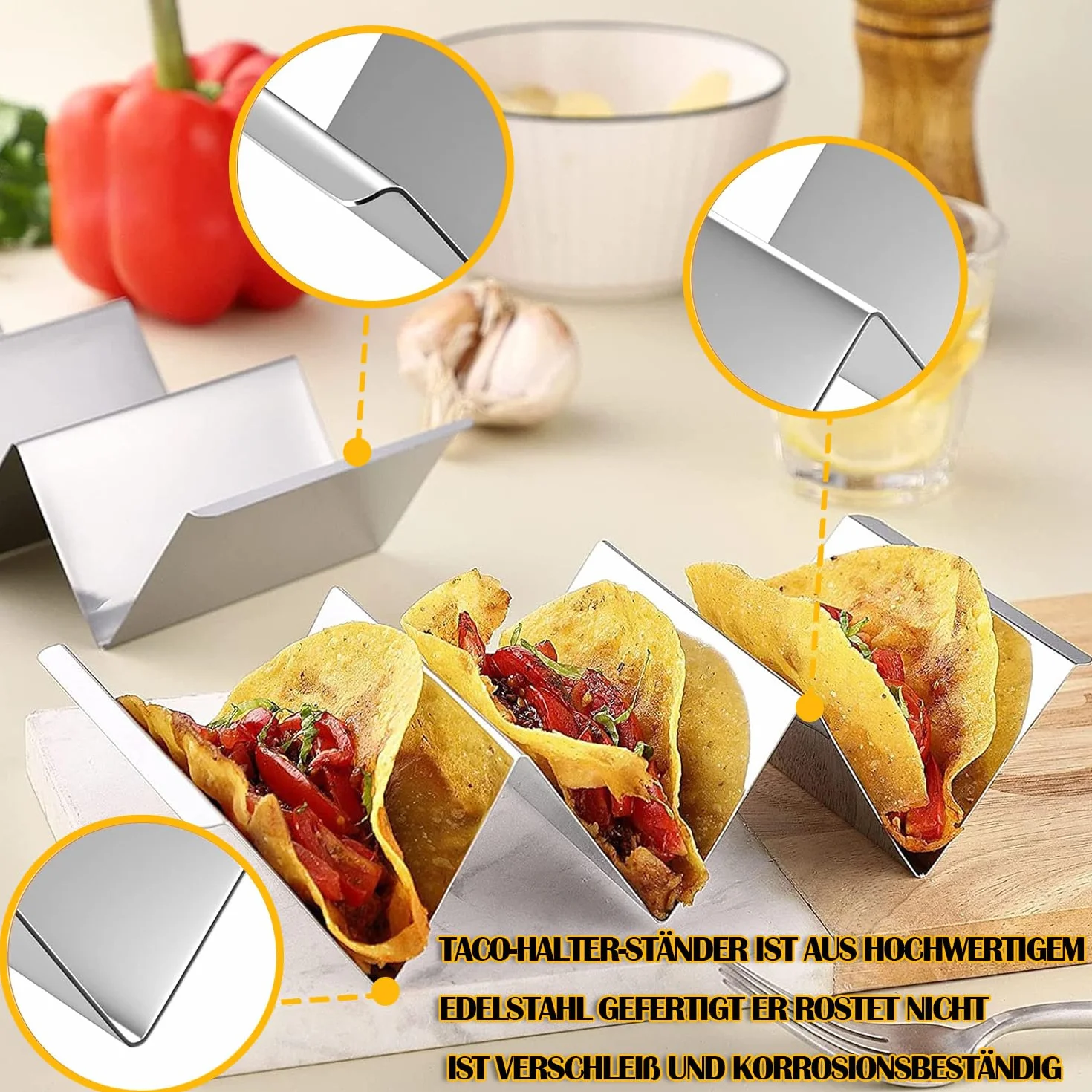 Stalowe Uchwyty do Taco w Kształcie Fali, Nadają się do Mycia w Zmywarce, do Przechowywania Tacos i Kanapek