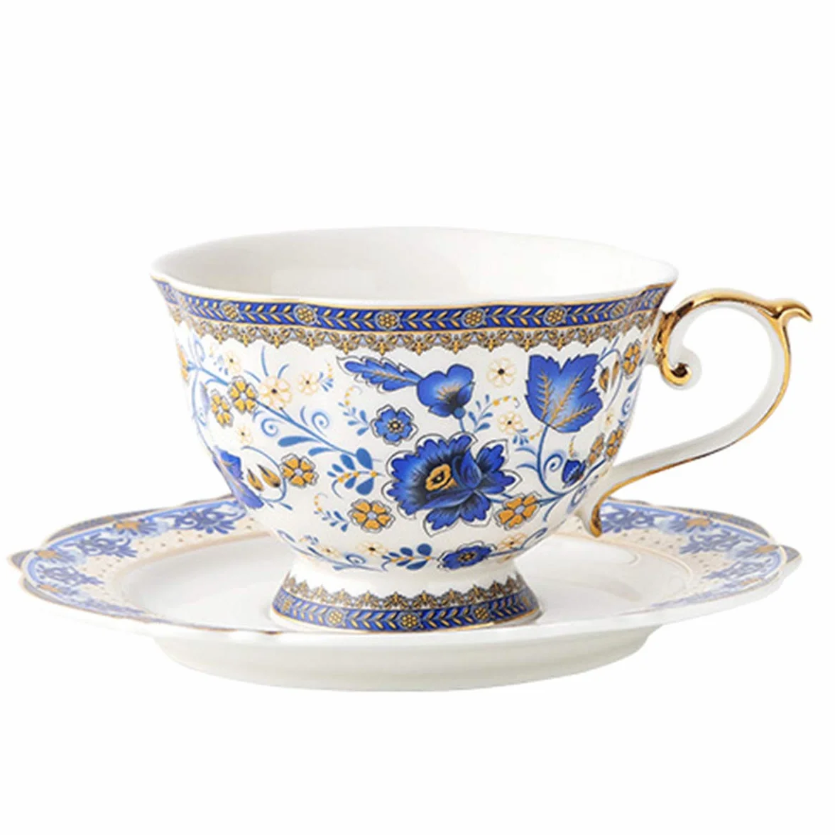 fanquare Filiżanka i spodek z chińskiej porcelany z motywem niebieskich kwiatów, vintage, porcelanowa filiżanka do kawy, 200 ml