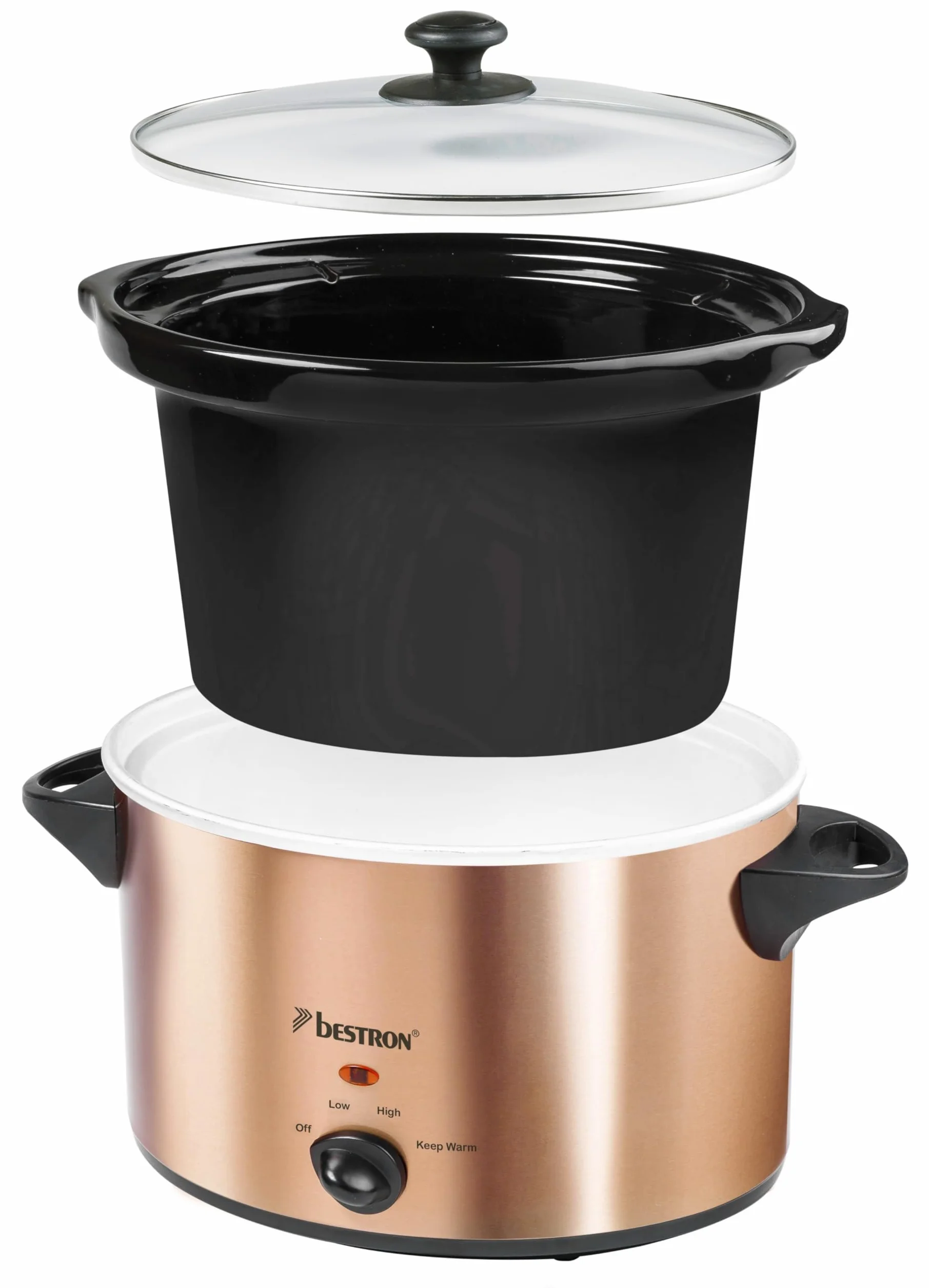 Bestron Slowcooker dla 4 osób, wolnowar z ceramiczną patelnią i szklaną pokrywką, 3-stopniowy termostat, idealny do wielu potraw, takich jak mięso, zupy i warzywa, 3,5 litra, Copper Collection, kolor: