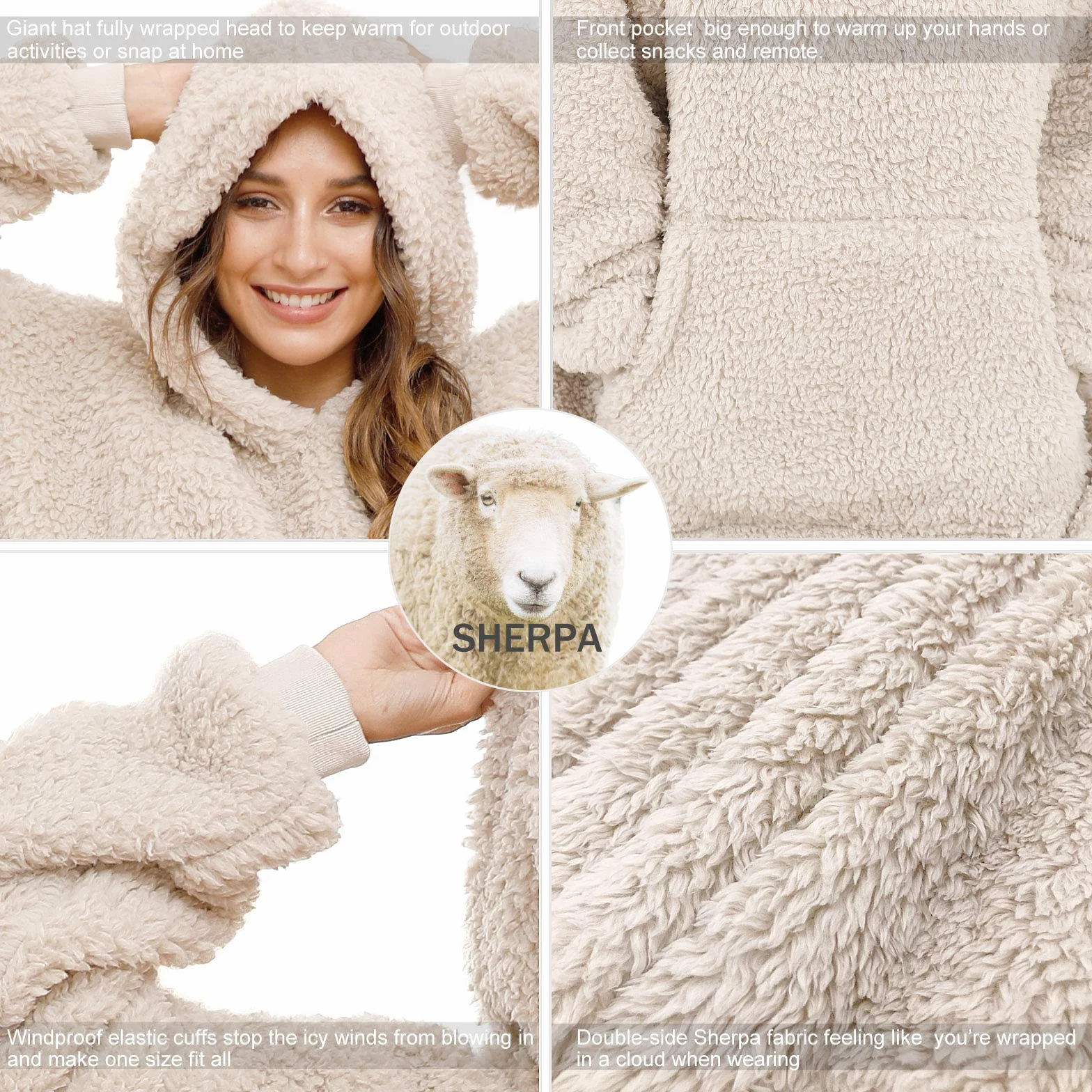 Bluza z kapturem Oversize Sherpa dla kobiet i mężczyzn ciepły koc kudłaty sweter Beżowy