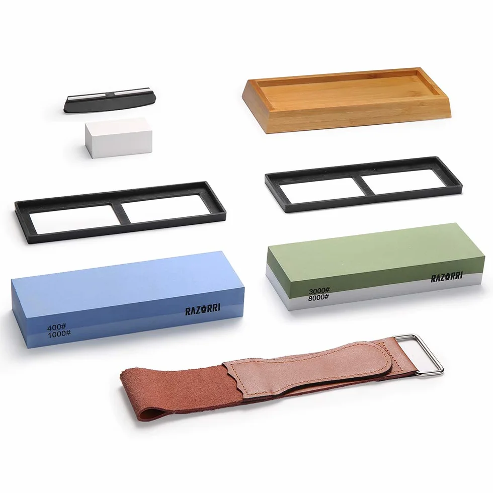 Razorri Knife Sharpening Stone Kit, Double-Sided 400/1000 3000/8000 Grit Whetstones with Flattening Stone, Leather Strop, Angle Guide
