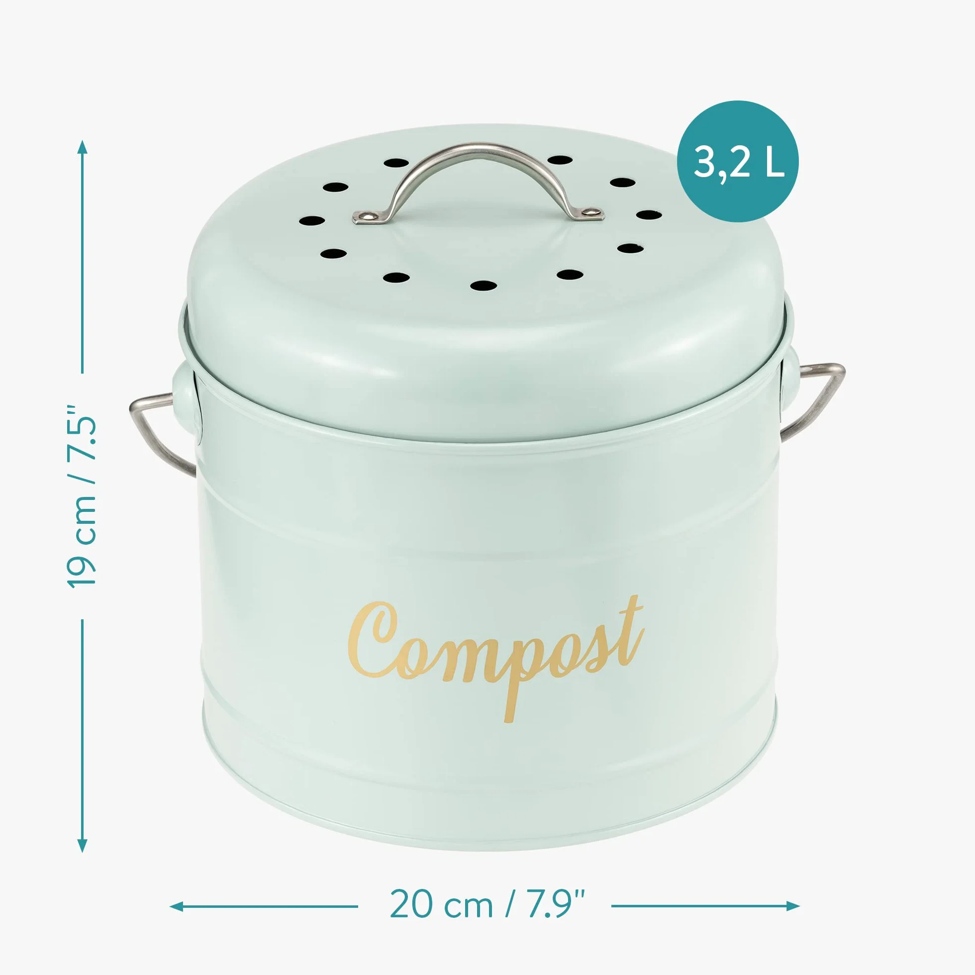 Navaris Metalowy kosz na kompost, 3,2 l, kuchenne wiadro do kompostowania z pokrywką i 6 filtrami węglowymi, do użytku wewnątrz - ekologiczny recykling - zielony, rozmiar S
