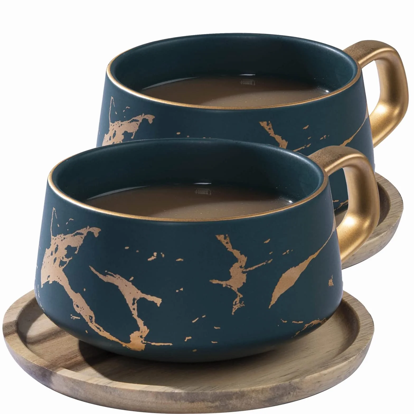 VETIN 2 sztuki filiżanek do cappuccino ze spodkiem, 300 ml filiżanki do espresso z porcelany do herbaty, kawy, cappuccino, filiżanki do kawy z drewnianym krążkiem (zielony x 2)