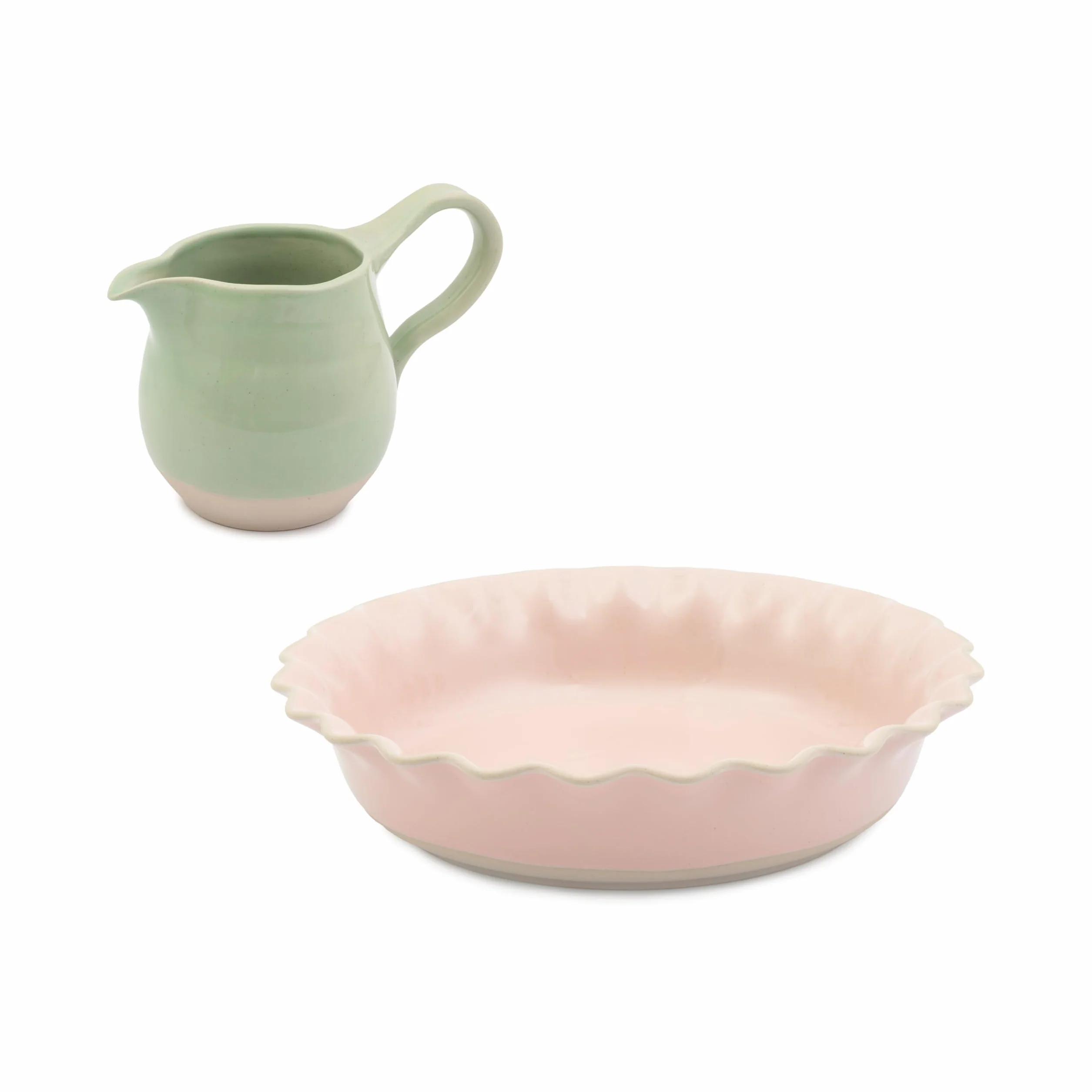 Jamie Oliver big love proper pie set, różowe okrągłe kamionkowe naczynie do pieczenia z zapiekankami o wymiarach 28x28 cm i zielony dzbanek z błyszczącą glazurą, 650 ml