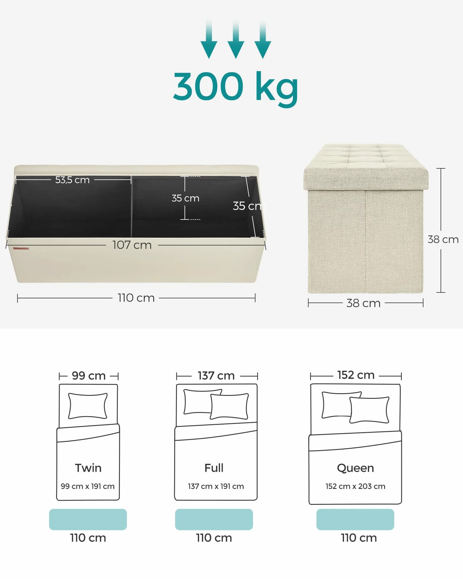 SONGMICS Taboret Składana Ławka z Miejscem do Przechowywania 38x110x38 cm Podnóżek Obciążenie 300 kg