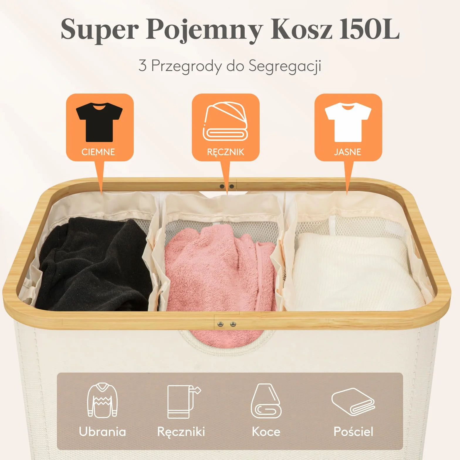 Lifewit Kosz na Pranie z Wyjmowanymi Workami Składany Bambusowy 3 Komory 150L Beżowy