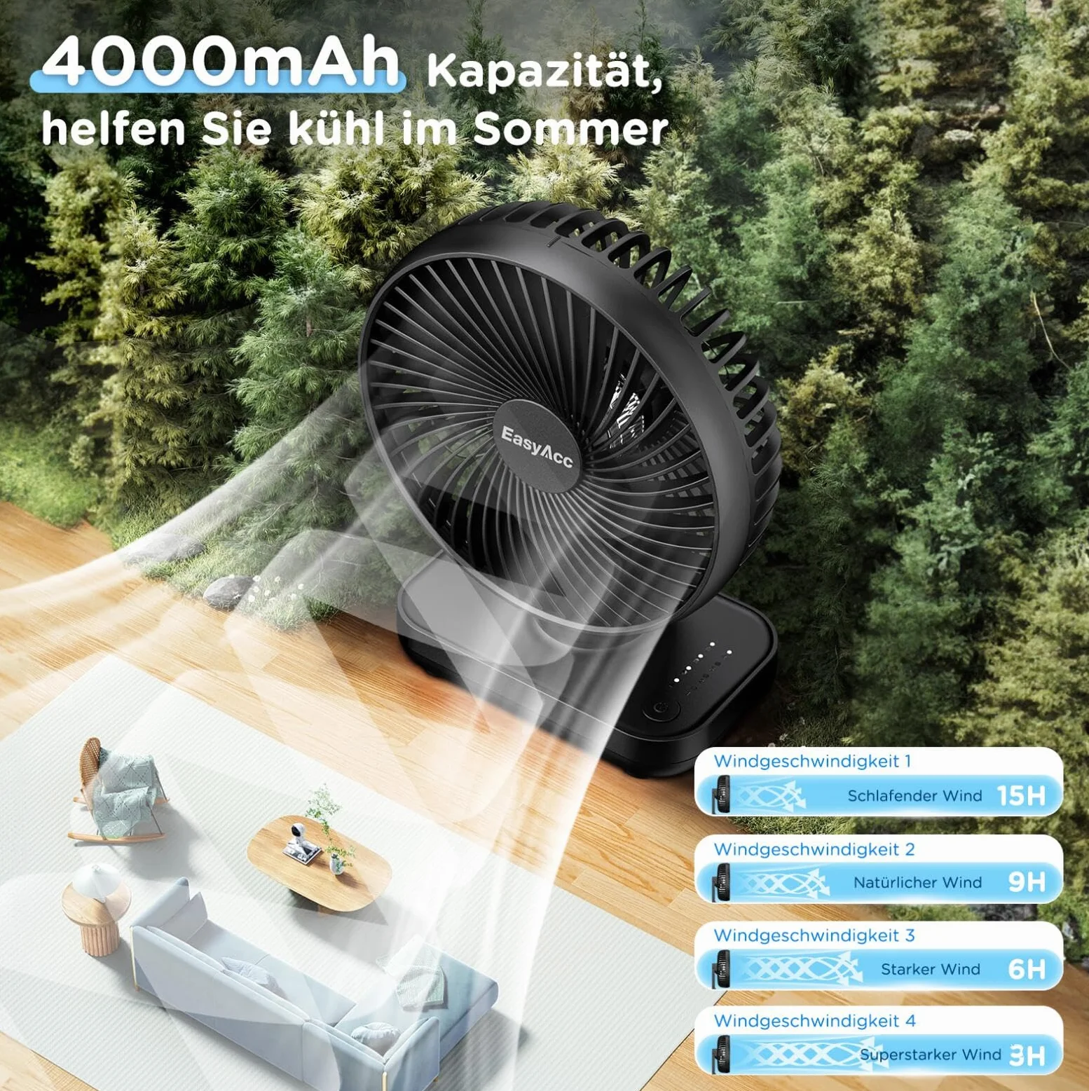 EasyAcc Wentylator stołowy Bateria Wentylator USB 4000 Bateria Małe przenośne 4-biegowe wentylatory Cichy mini akumulatorowy wentylator bazowy do domowego biura Biblioteka Kemping
