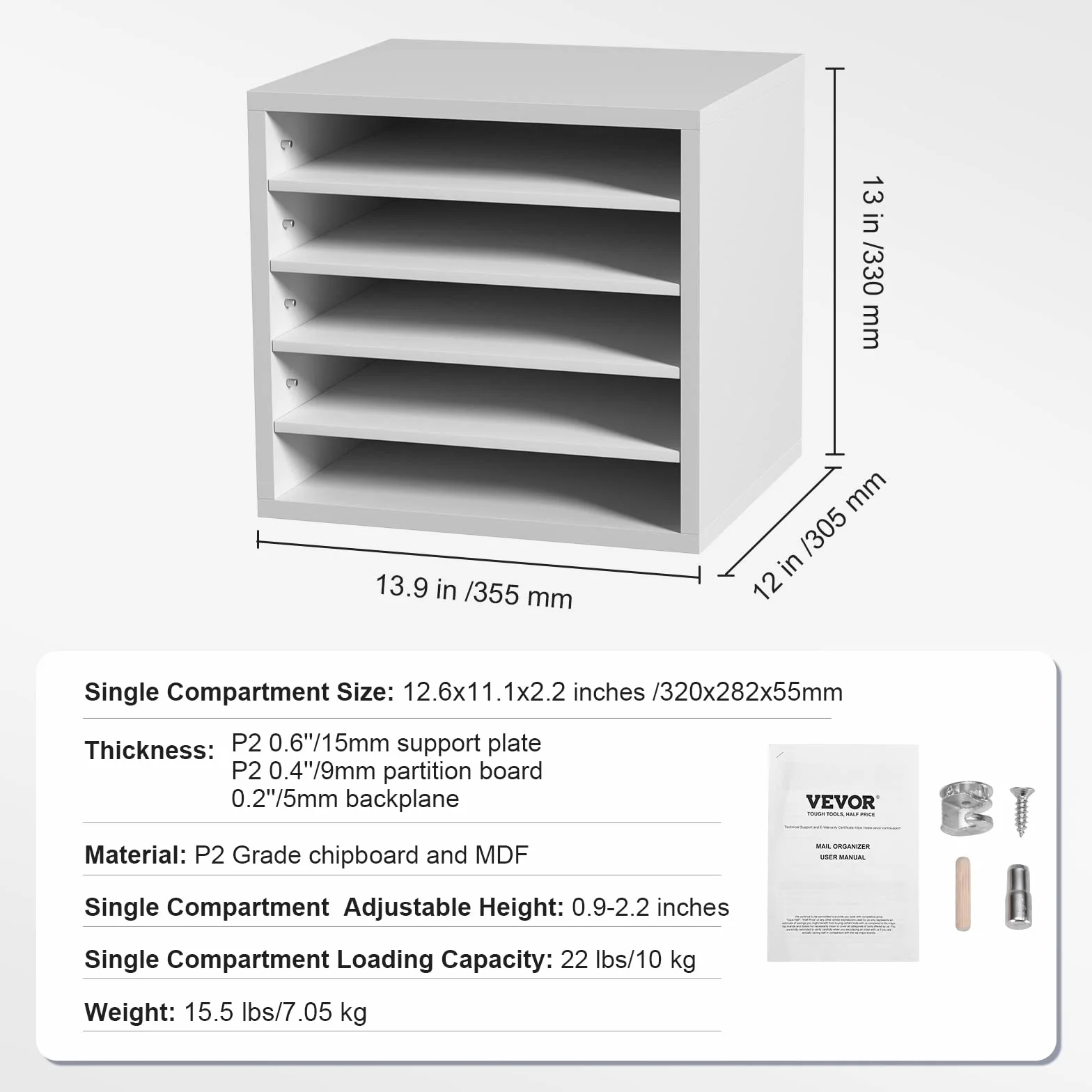 VEVOR Drewniany Organizator Literatury Stojak na dokumenty 5 przegródek 35,5x30,5x33 cm Biały