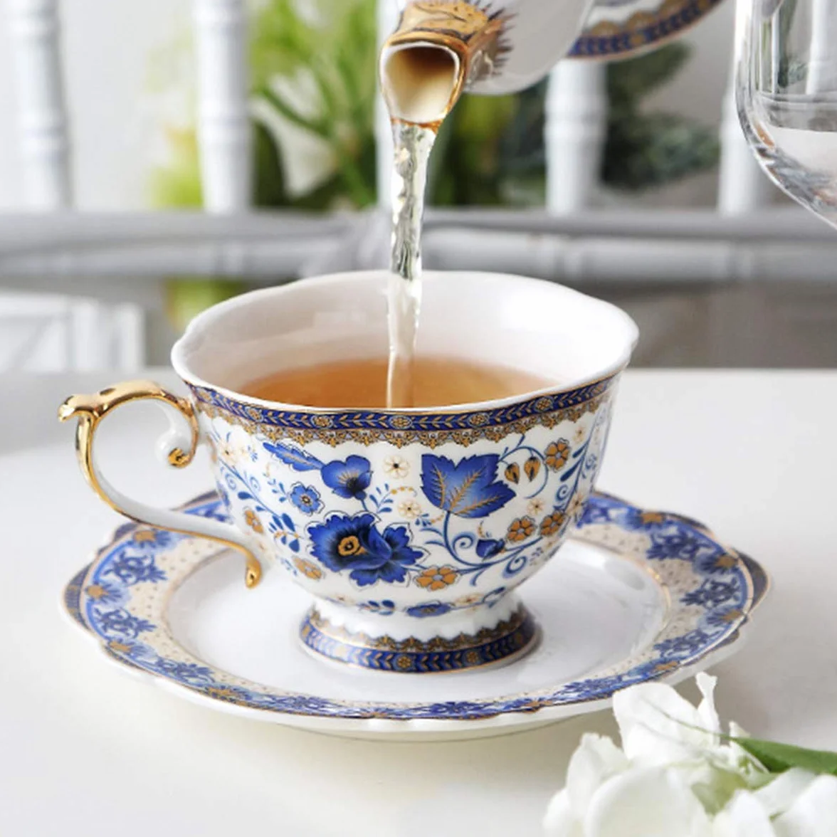 fanquare Filiżanka i spodek z chińskiej porcelany z motywem niebieskich kwiatów, vintage, porcelanowa filiżanka do kawy, 200 ml