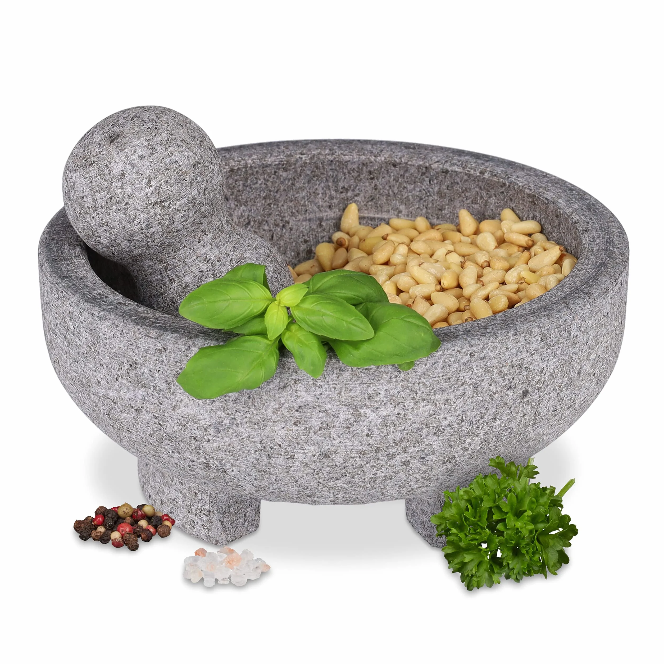 Relaxdays Moździerz z tłuczkiem, granit, wys. x śr.: 9 x 20 cm, wytrzymały, trwały, niepolerowany, kamienne przyprawy, zioła, szary