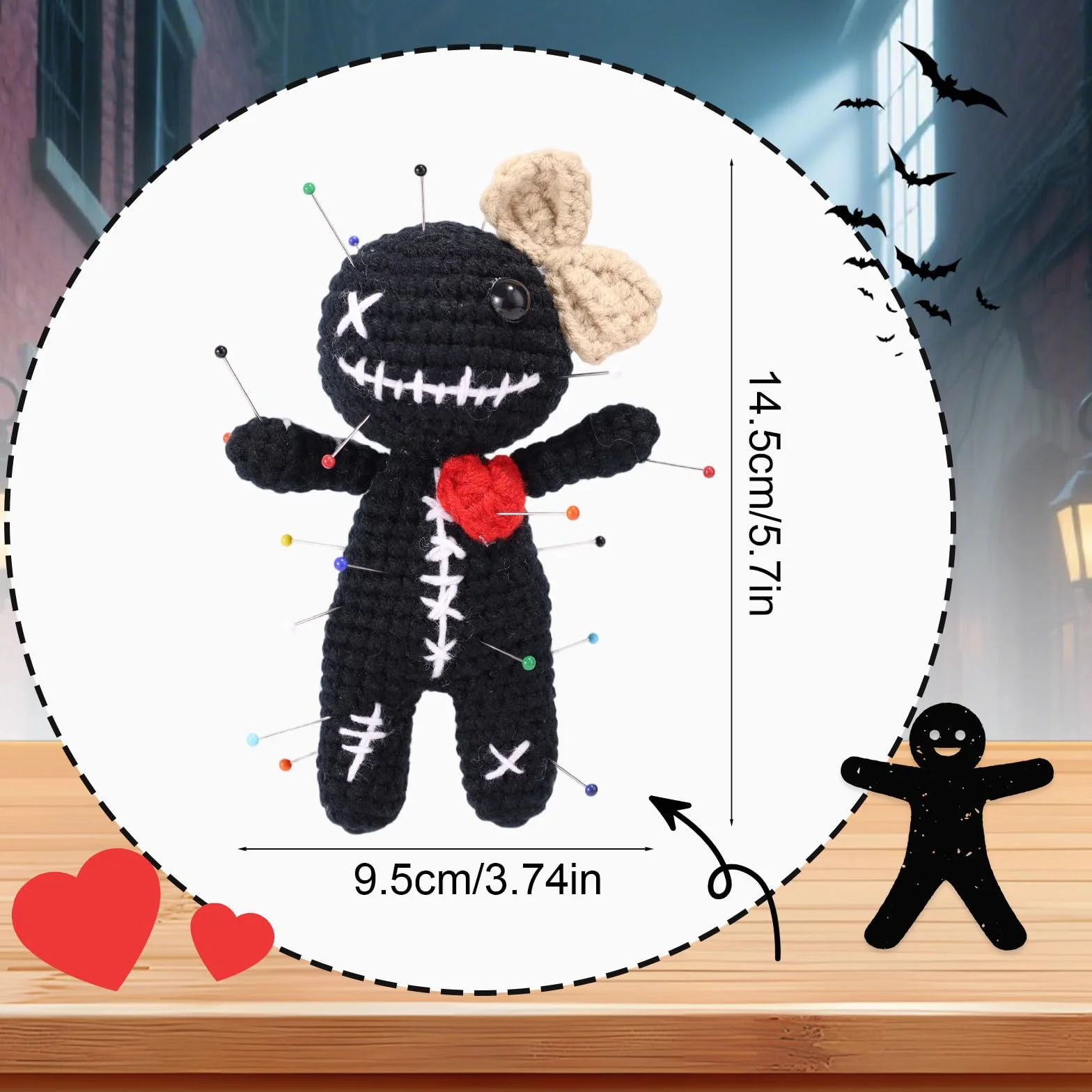 TOYMIS Laleczka Voodoo Szydełkowana Czarna z Szpilkami Antystresowa Dekoracja Halloween