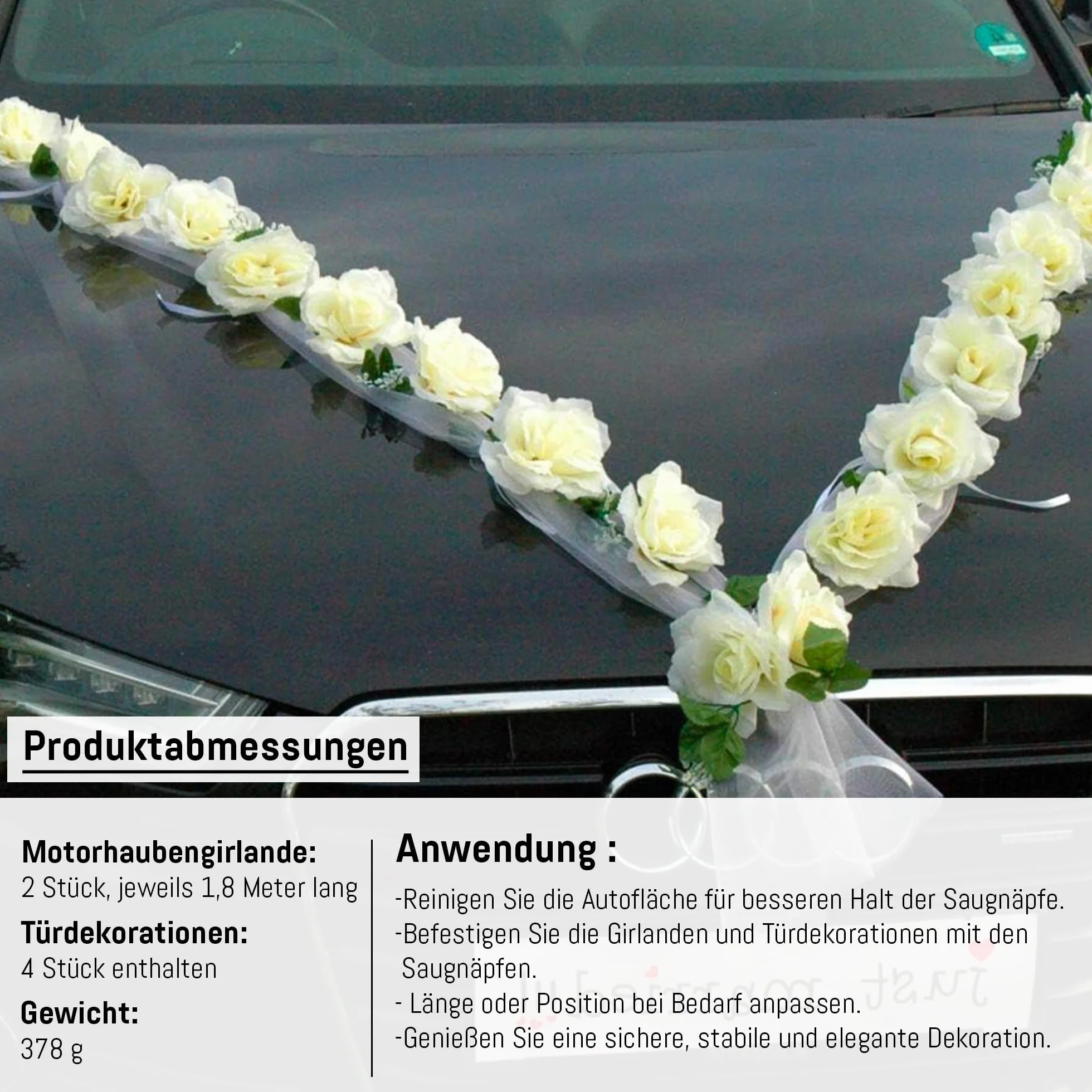 Girlanda z Różami Ecru/Biała Dekoracja Samochodu na Wesele dla Panny Młodej i Pary