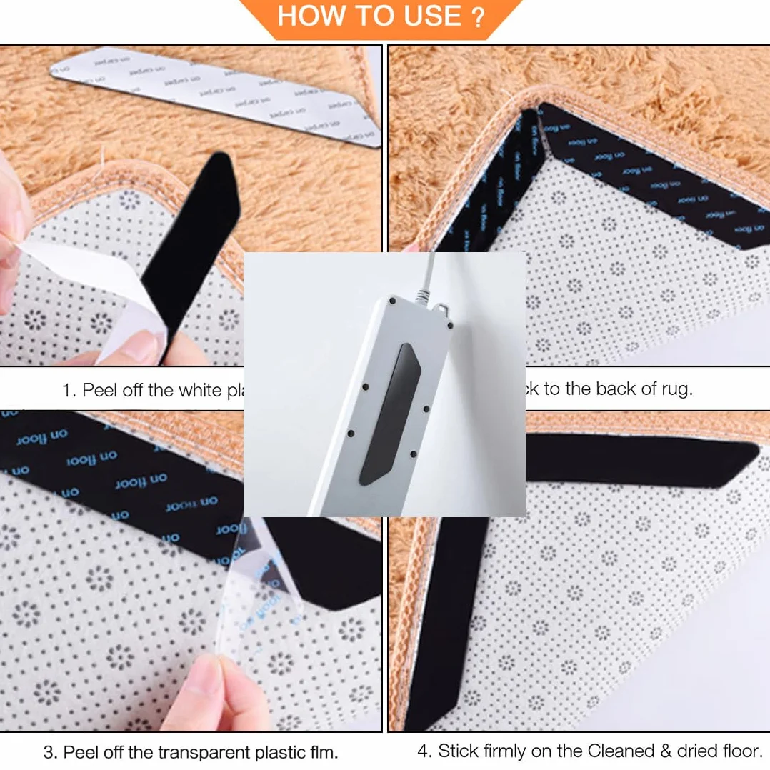 12 sztuk taśm klejących do dywanów, antypoślizgowych, mocowanych narożników dywanu, z nadającymi się do prania podkładkami samoprzylepnymi do dywanów, antypoślizgowymi podkładkami i klejem –