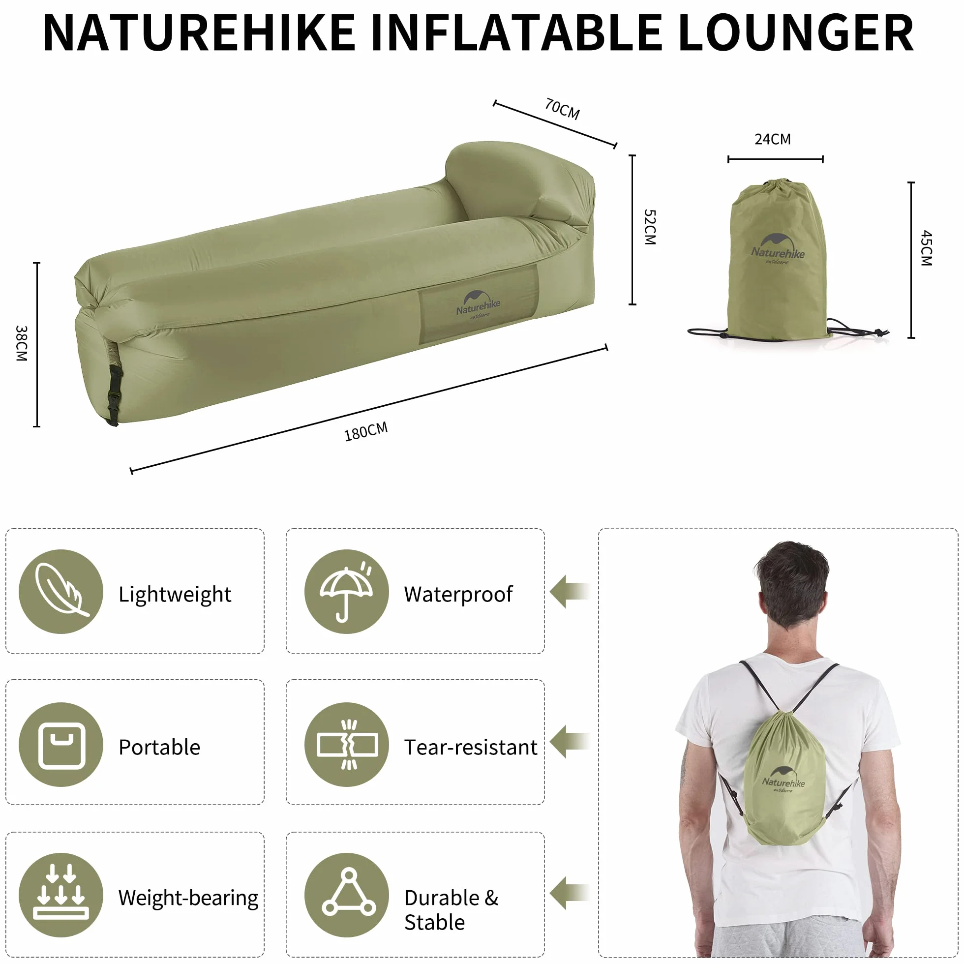 Naturehike Nadmuchiwany fotel sofa łóżko kempingowe wodoodporna z plecakiem (zielony)