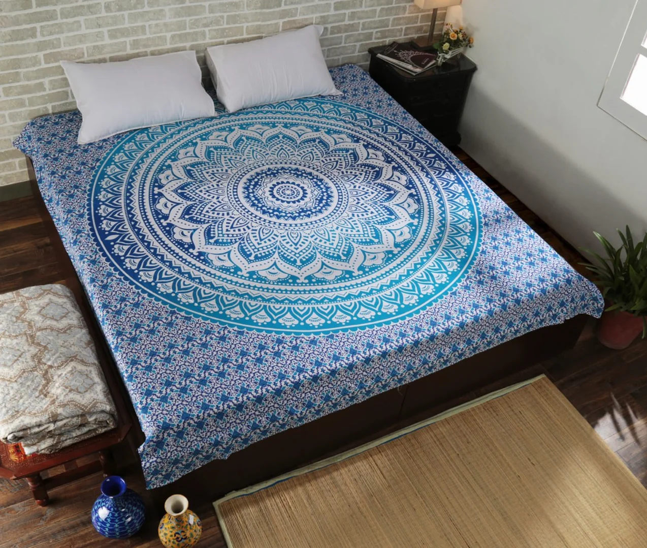 Dywan ścienny, mandala, niebieski, 228 x 213 cm – hipisowski ombre, dekoracyjny, duża ozdoba na ścianę, dywan na ścianę w stylu indyjskim, boho, Goa, makata ścienna do salonu, sypialni, dywan ścienny