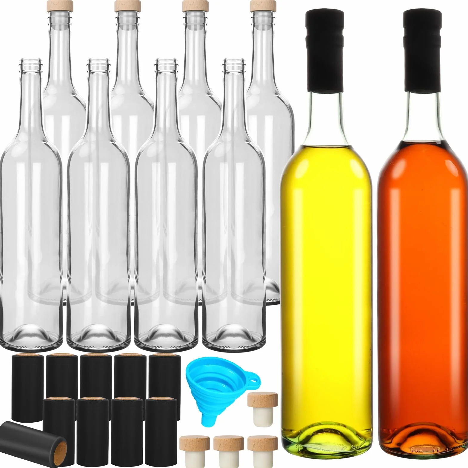 Szklane butelki 750 ml z pokrywkami korkowymi i kapsułkami termokurczliwymi do wina, soku, napojów