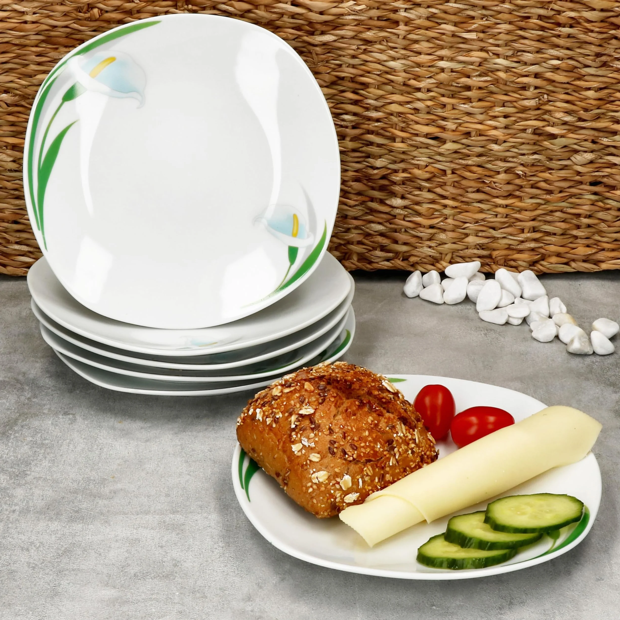 MamboCat Zestaw 6 talerzy do ciasta White Calla, stylowe porcelanowe talerze śniadaniowe z motywem kwiatowym, dla 6 osób, małe talerze do sałatek, deserów, przekąsek itp.