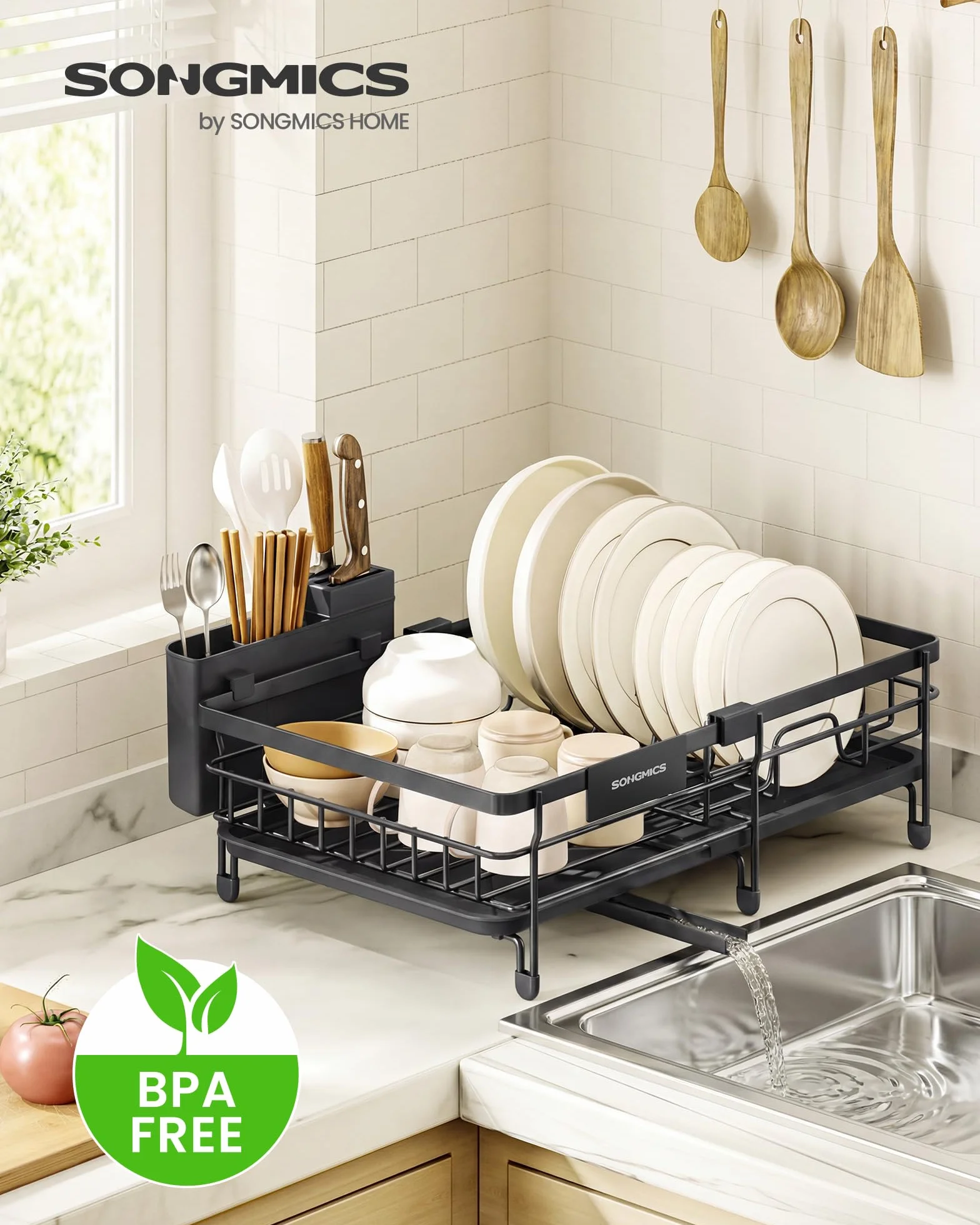 SONGMICS Stojak do suszenia naczyń, duży wysuwany ociekacz do małych pomieszczeń, obracana o 360°, płyta odpływowa, stal, 30,2-46,5 x 29,6 x 14 cm, czarny atrament KCS556BH01