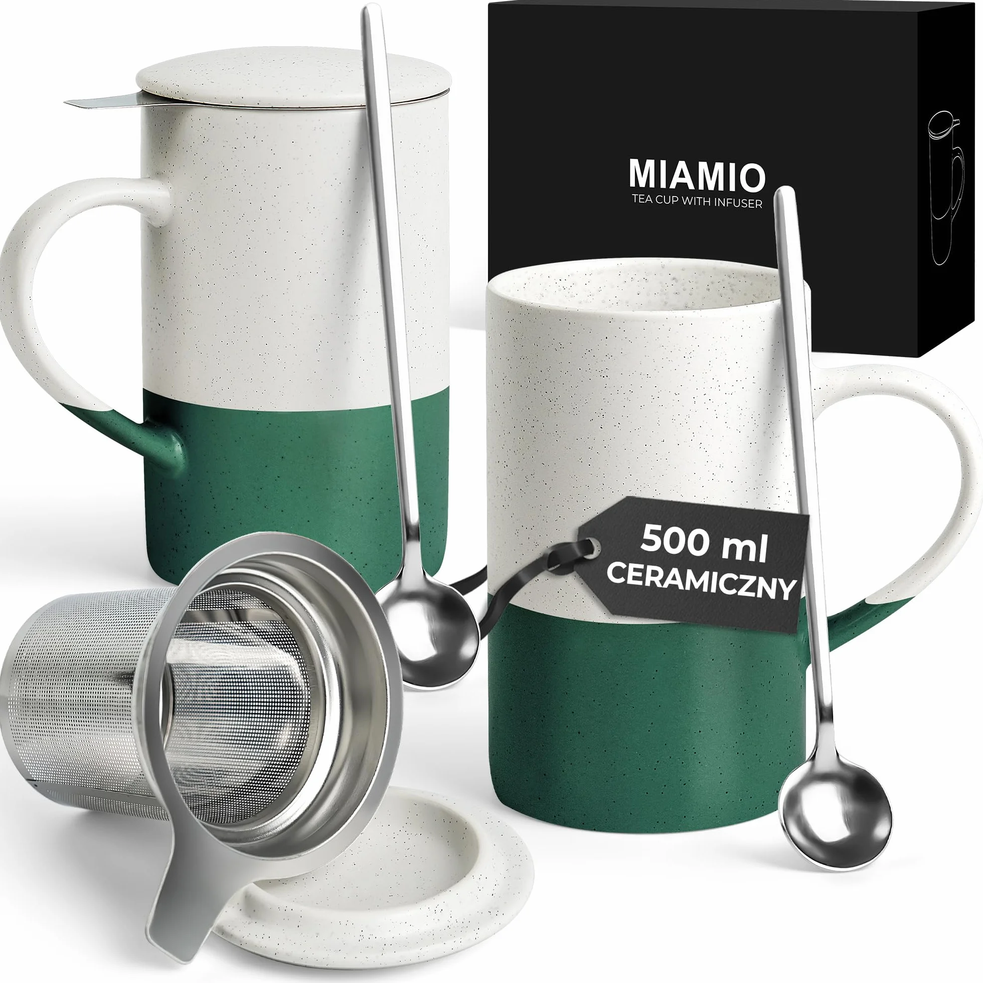 Zestaw Filiżanek do Herbaty 2 x 500 ml Ceramiczny Kubek z Zaparzaczem i Pokrywką Ciemnozielony
