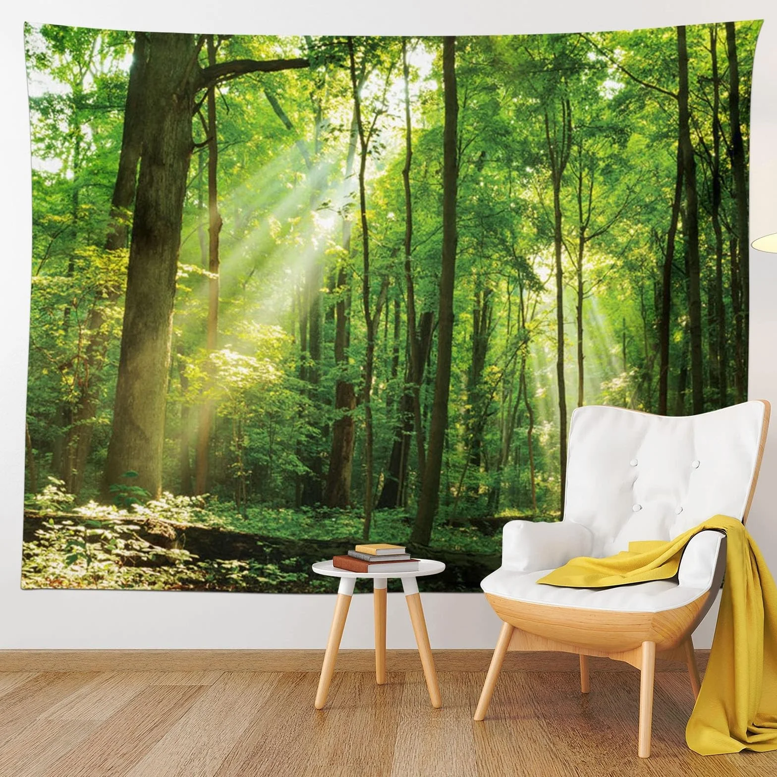 Skcess Dywan ścienny z motywem lasu, 200 x 200 cm, dekoracja ścienna, zielony, dywan ścienny, motyw drzewa, wschodu słońca, gobelin, dżungla, krajobraz, chusta na ścianę