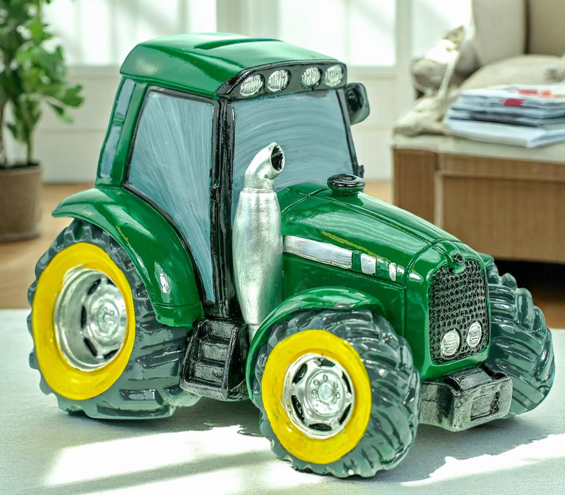 Kremers Schatzkiste Zielona skarbonka traktor ręcznie malowana 16 cm figurka farma prezent