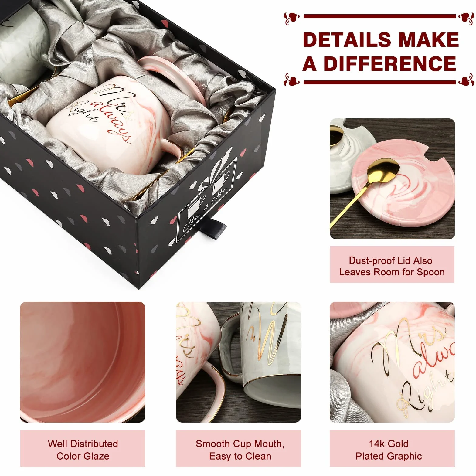Mr Right and Mrs Always Right Ceramiczne Kubki Do Kawy Zestaw 2-13 Oz Para Filiżanka Herbaty z Pokrywką i Łyżką, Marmurowe Kubki Prezenty Ślubne dla Pary Młodej (Różowy, Szary)