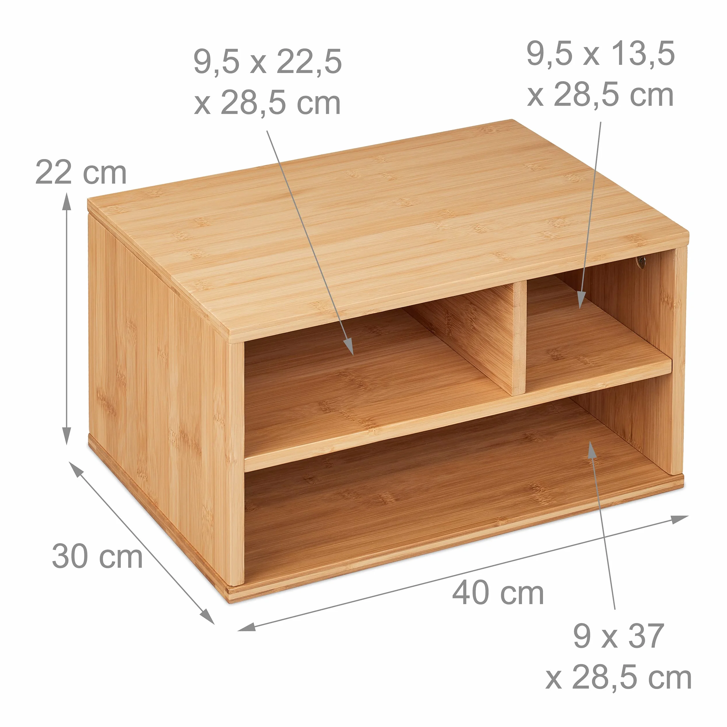 Relaxdays Stojak na drukarkę, biurko, 3 półki, regał na drukarkę, wys. x szer. x gł.: 22 x 40 x 30 cm, bambusowy organizer, naturalny