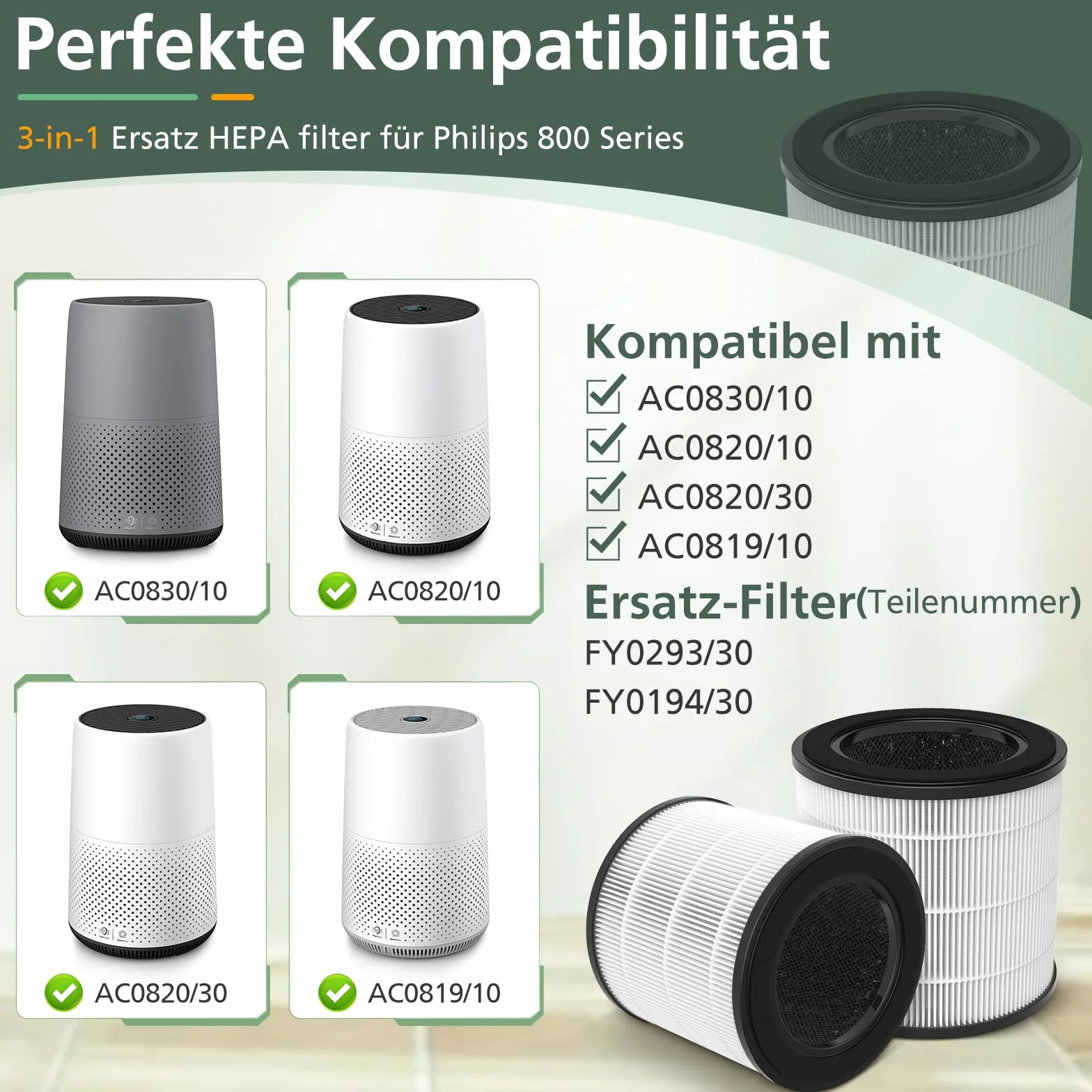 2 sztuki filtrów zapasowych Kompatybilne z oczyszczaczem powietrza Philips 800 Series - AC0830/10 AC0820/30 AC0820/10 AC0819/10, 3-w-1 filtr HEPA i filtr węglowy i filtr wstępny, numer części FY0194